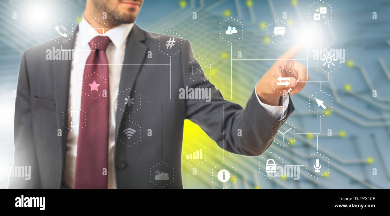 Uomo in tuta puntando verso le icone delle app sulla rete astratta sfondo connessione. 3d illustrazione Foto Stock