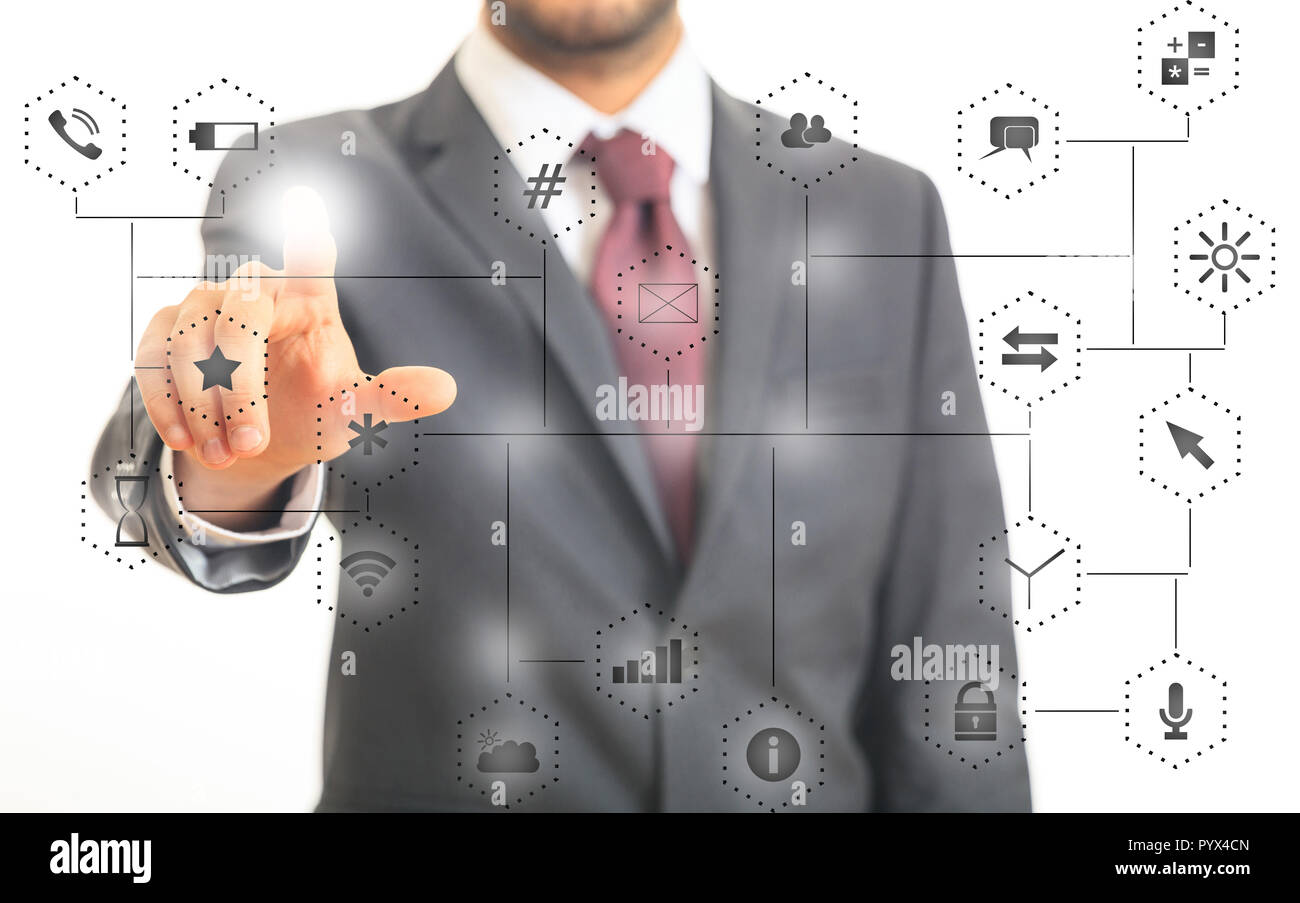 Uomo in tuta puntando verso le icone delle app sulla rete astratta sfondo connessione. 3d illustrazione Foto Stock