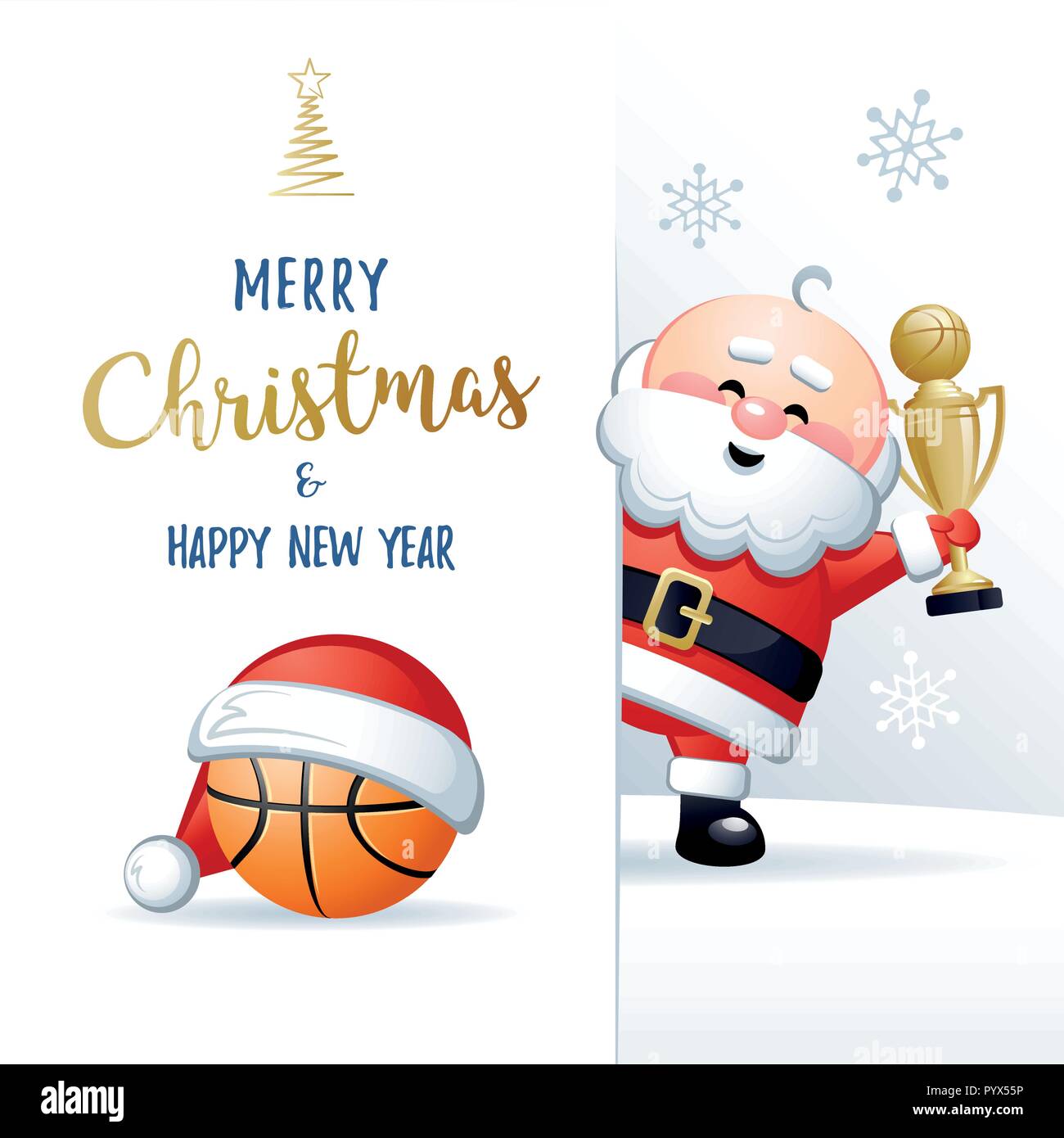 Buon Natale e Felice Anno Nuovo. Sport biglietto di auguri. Carino Babbo Natale con basket ball e Gold Cup. Illustrazione Vettoriale. Illustrazione Vettoriale