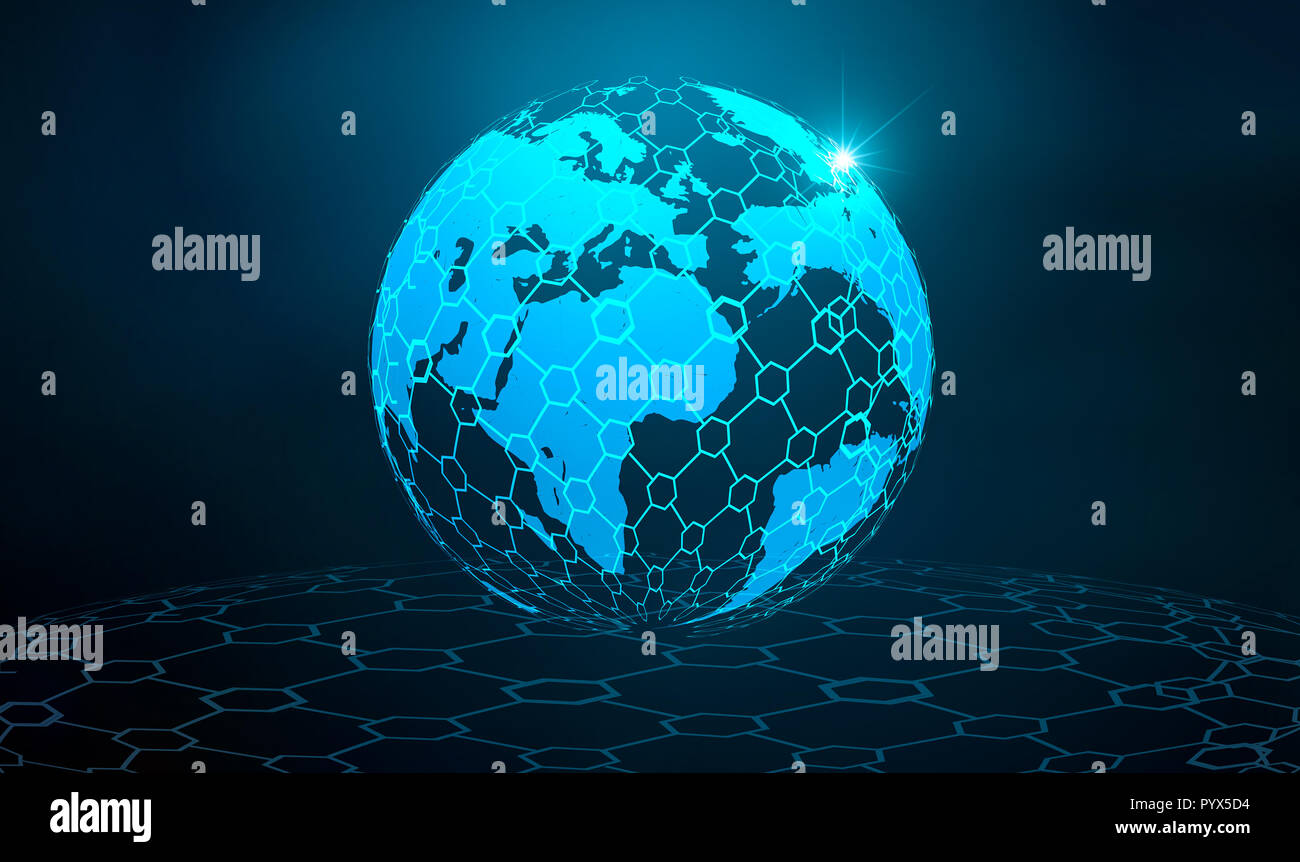 Rete globale di comunicazioni di massa mappa di rete di tutto il mondo mappa blu sfondo blu scuro mappa vettore mondiale rete logistica globale Foto Stock