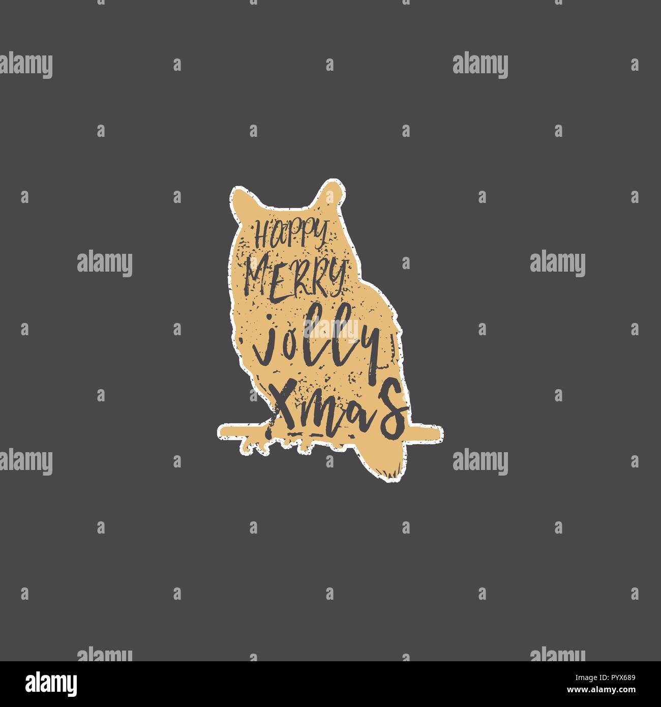 Vintage Disegnati A Mano Il Gufo Con Scritte Di Natale All Interno Silhouette Di Animali Selvatici Di Design Jolly Xmas Auguri Tipografia E Calligrafia Stile Vettore Di Stock Isolato Su Sfondo Scuro Immagine