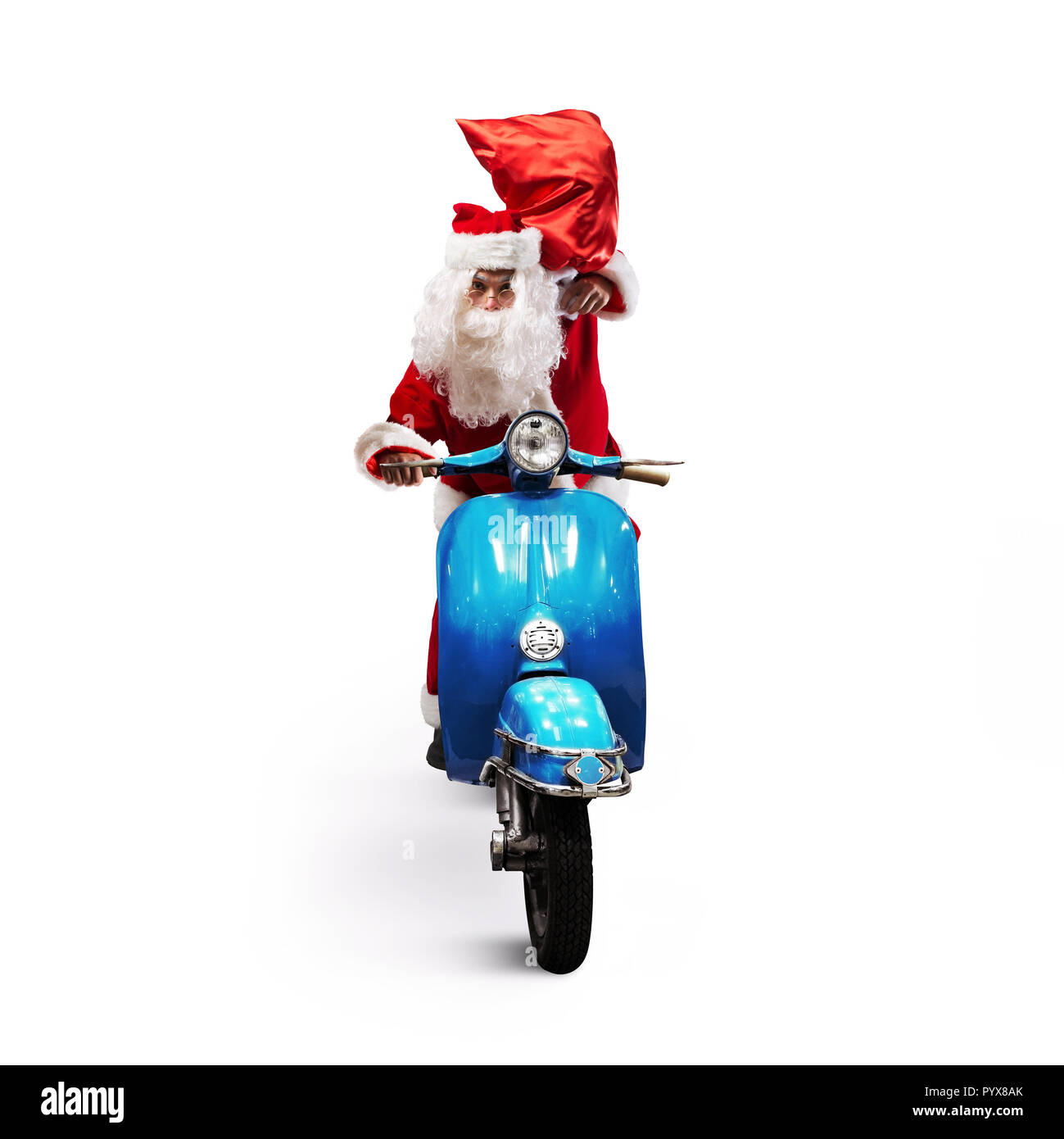 Babbo Natale con sacchetto rosso di presenta su un motociclo per offrire presenta Foto Stock