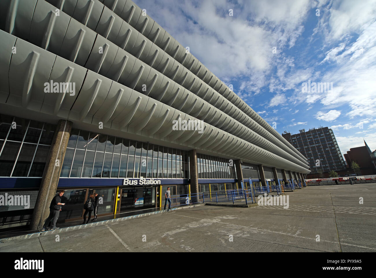 Preston Bus Station, Brutalist stile architettonico, Tithebarn Street, Preston, Lancashire, North West England, Regno Unito Foto Stock