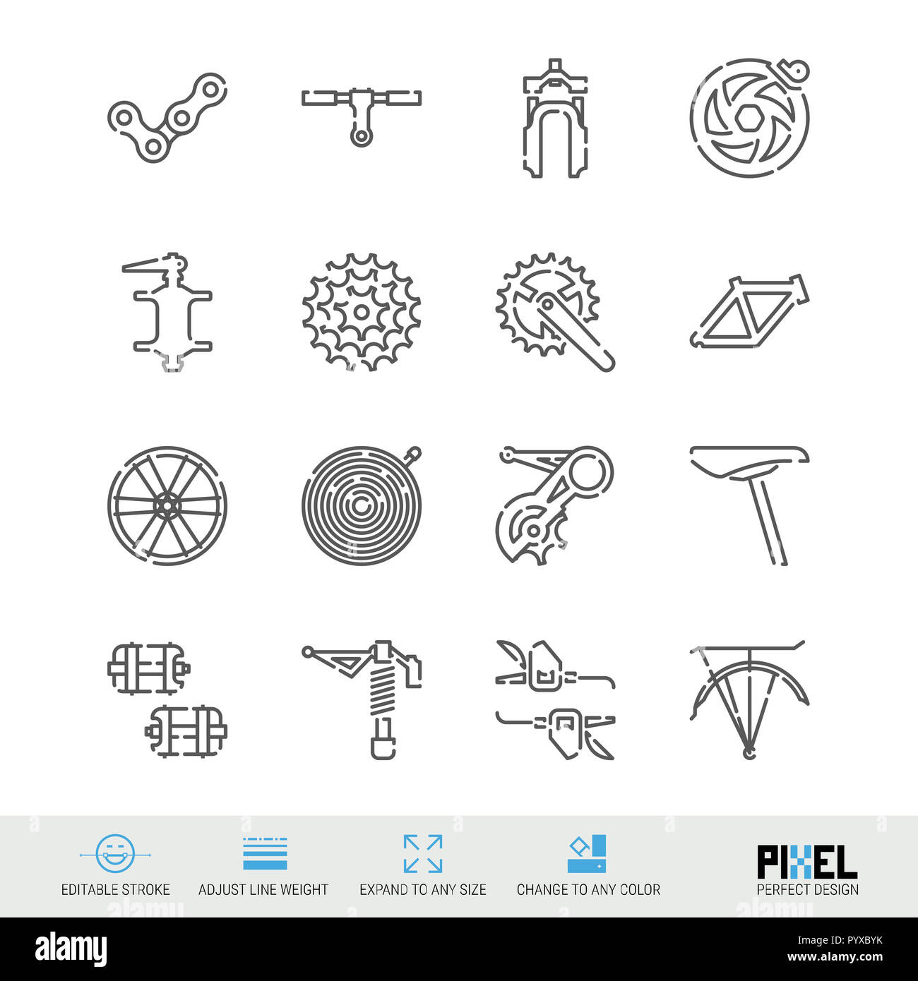 Noleggio di parti di ricambio linea set di icone. Bike Shop, manutenzione e riparazione di simboli lineari. Pixel Design perfetto. Corsa modificabile. Regolare il peso della linea. Expan Foto Stock