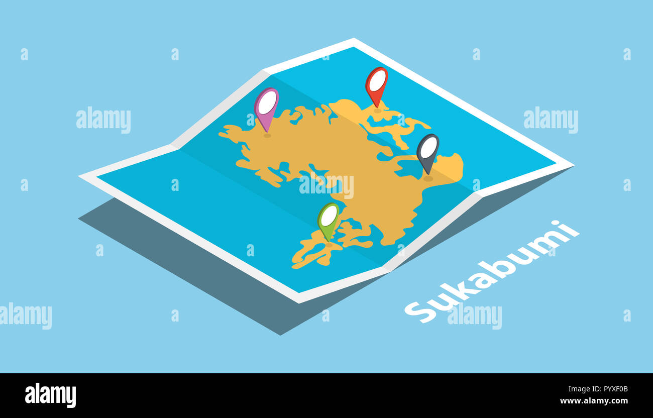 Sukabumi indonesia city esplora mappe con stile isometrico e il pin etichetta di posizione sulla sommità illustrazione vettoriale Foto Stock