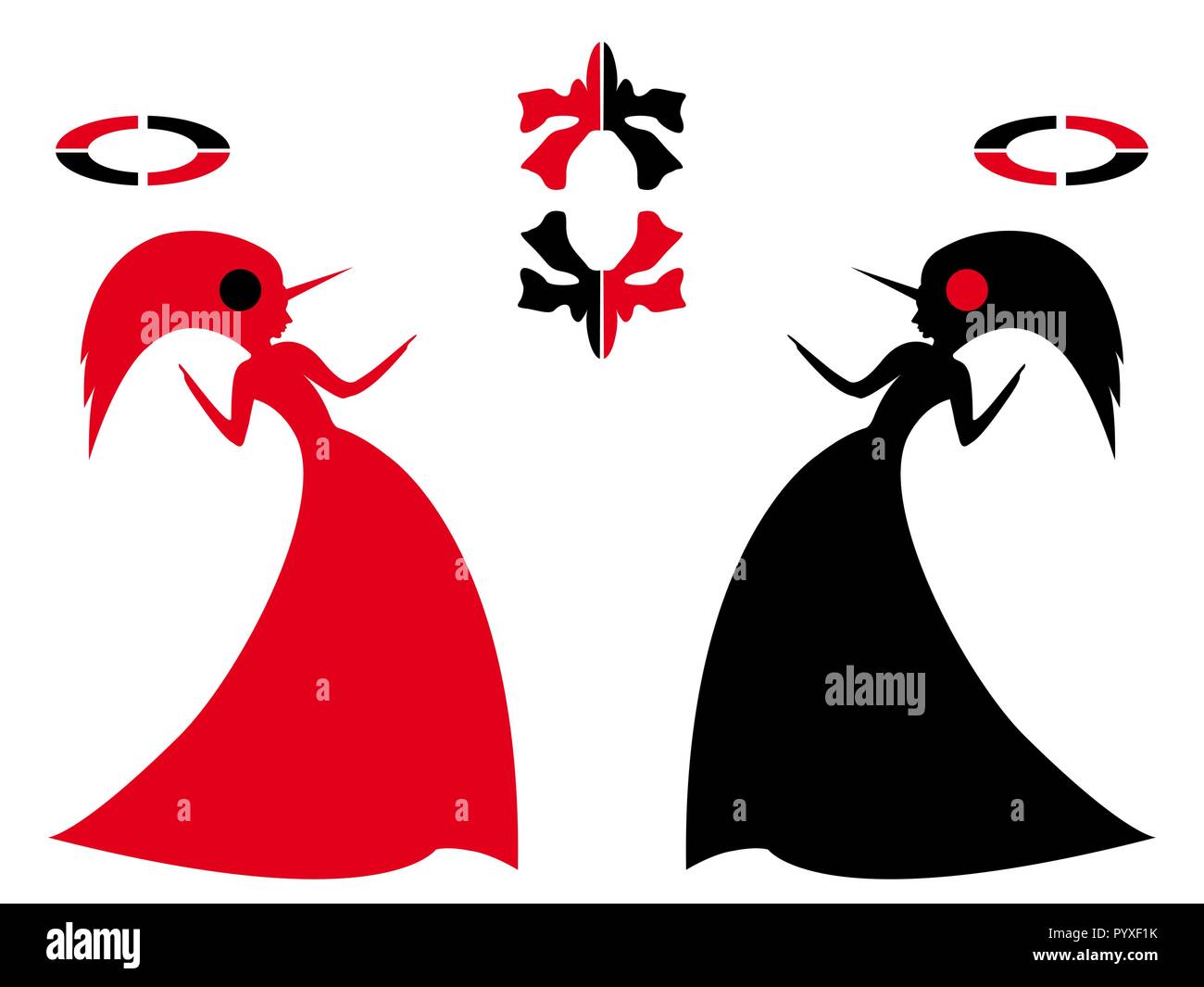 Coppia Unicorn donne con simbolo e accessori come un concetto di unità e di lotta opposti, stilizzata sagome vettoriali in nero e rosso isolato su Illustrazione Vettoriale