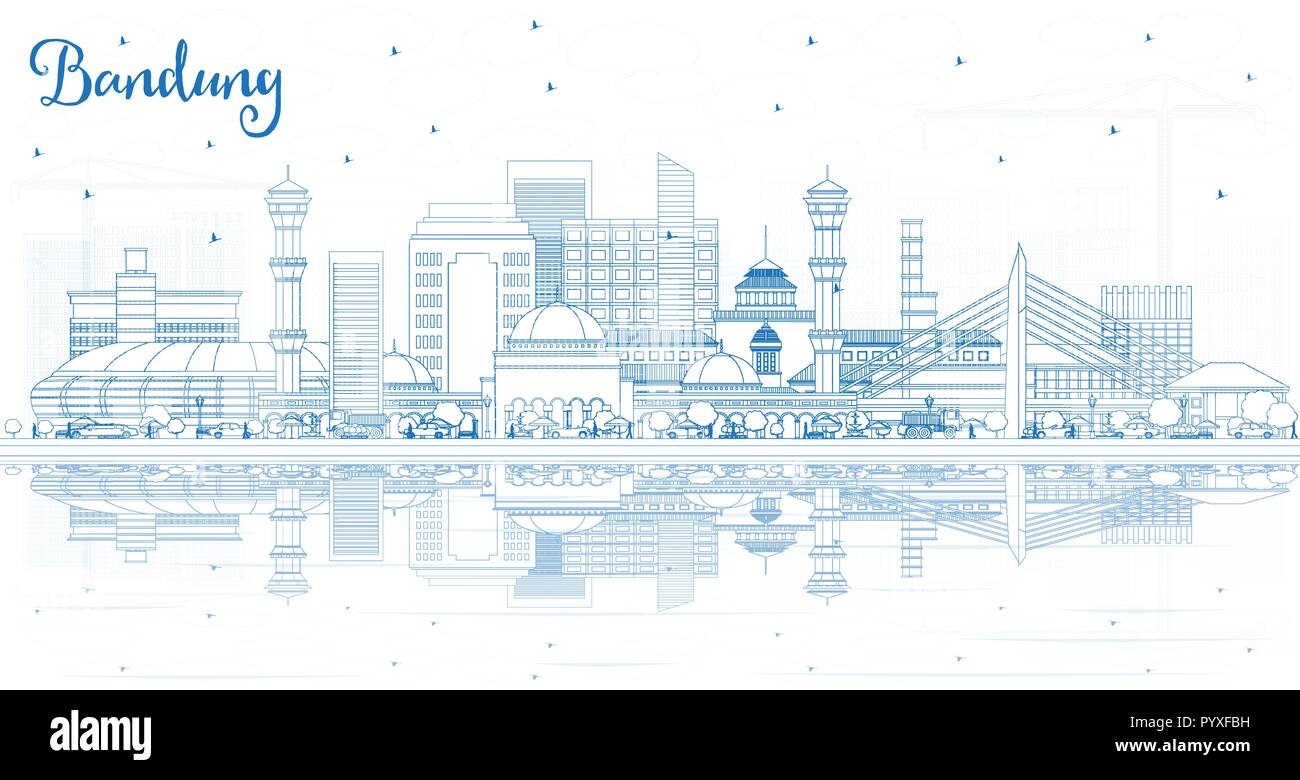 Outline INDONESIA Bandung skyline della città con edifici blu e riflessi. Illustrazione Vettoriale. Viaggi di affari e turismo Concept Illustrazione Vettoriale
