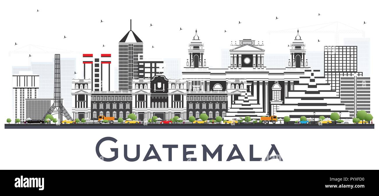 Città del Guatemala Skyline con edifici grigi isolati su bianco. Illustrazione Vettoriale. Viaggi di affari e di turismo con il concetto di architettura moderna. Illustrazione Vettoriale