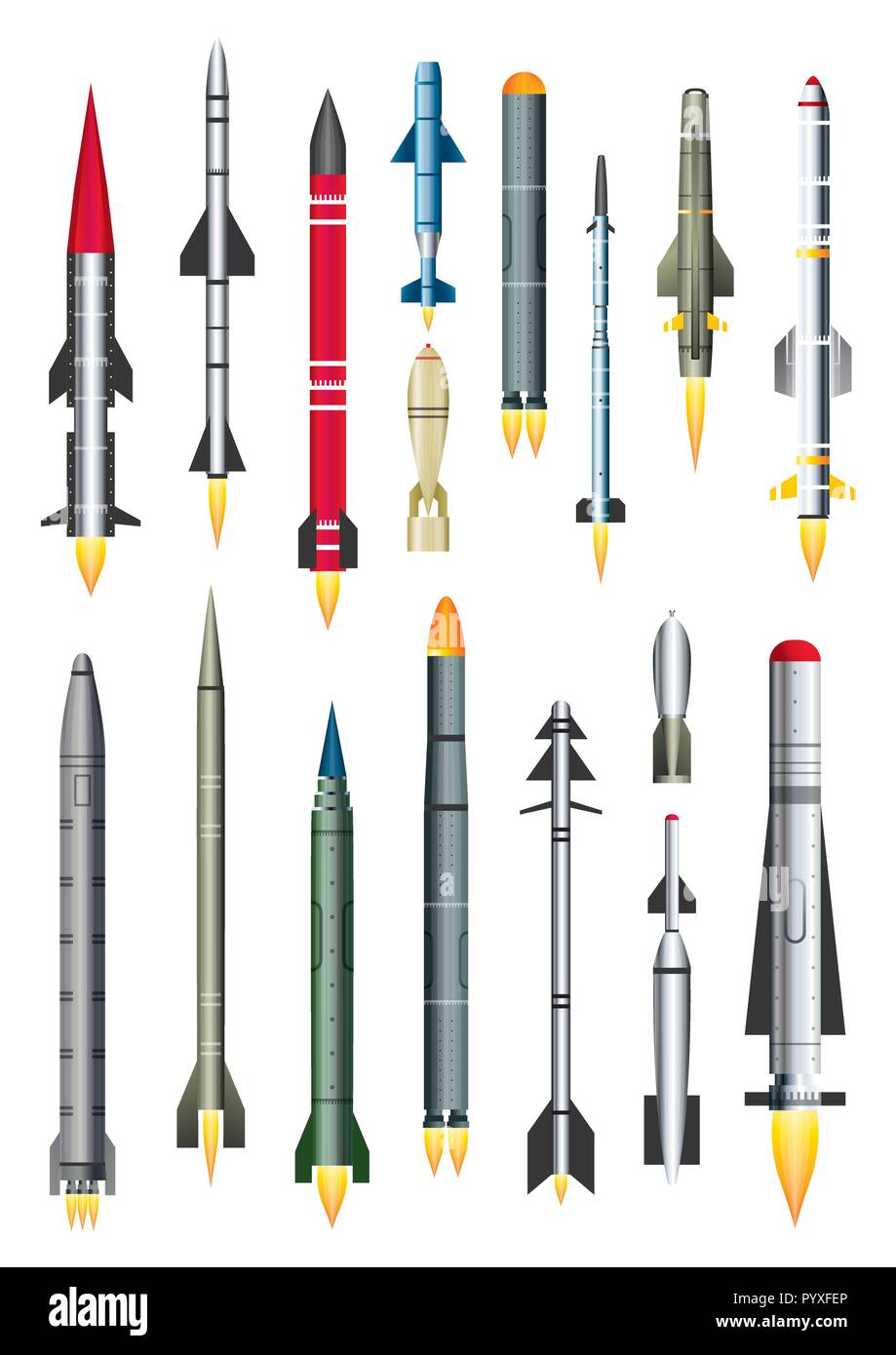 Missile militare Rocket isolato su bianco. Illustrazione Vettoriale. Ballistic Intercontinental a razzo con bomba nucleare. Terra-aria e aria-aria Miss Illustrazione Vettoriale