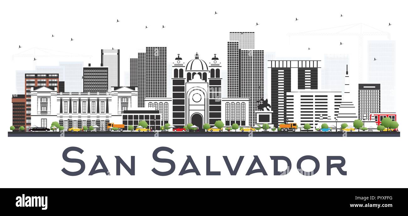San Salvador skyline della città con edifici grigi isolati su bianco. Illustrazione Vettoriale. Viaggi di affari e di turismo con il concetto di architettura moderna. Illustrazione Vettoriale