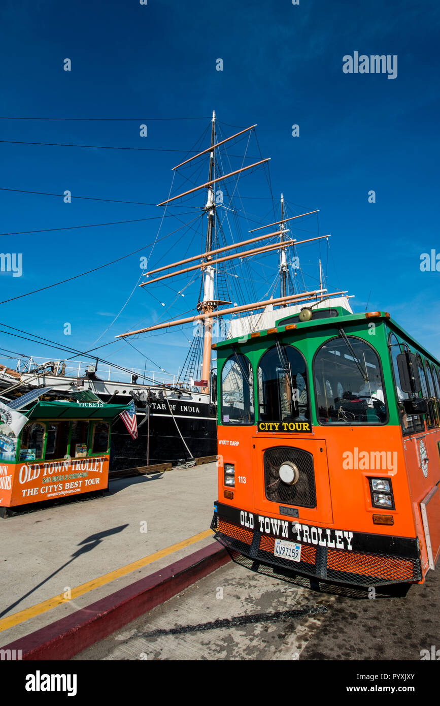 Trolley Tour alla star dell India clipper ship (o corteccia), il Seaport Village, San Diego, California. Foto Stock