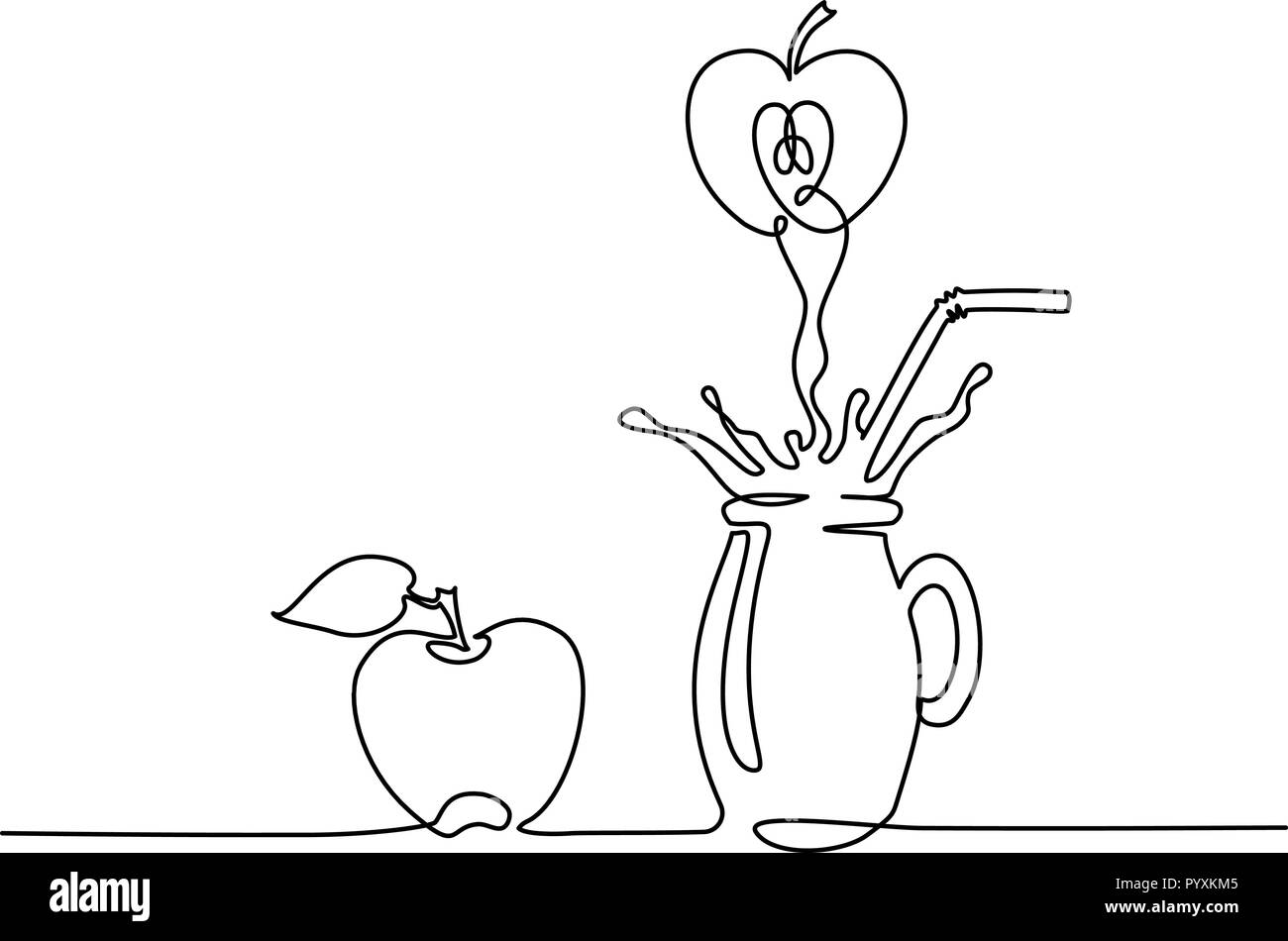 Continuo di un disegno della linea. Il succo di mela splash in vetro. Illustrazione Vettoriale Illustrazione Vettoriale