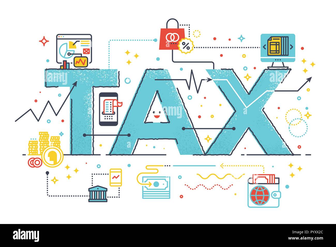 Restituzione fiscale la concezione di business parola lettering design illustrazione con la linea di icone e ornamenti in tema blu Illustrazione Vettoriale