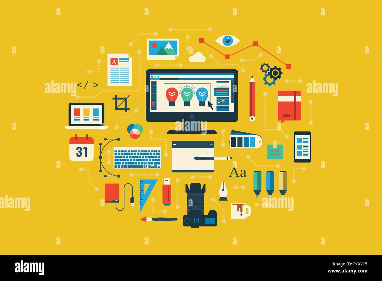 Illustrazione di Graphic Design design piatto concetto con elementi di icone Illustrazione Vettoriale