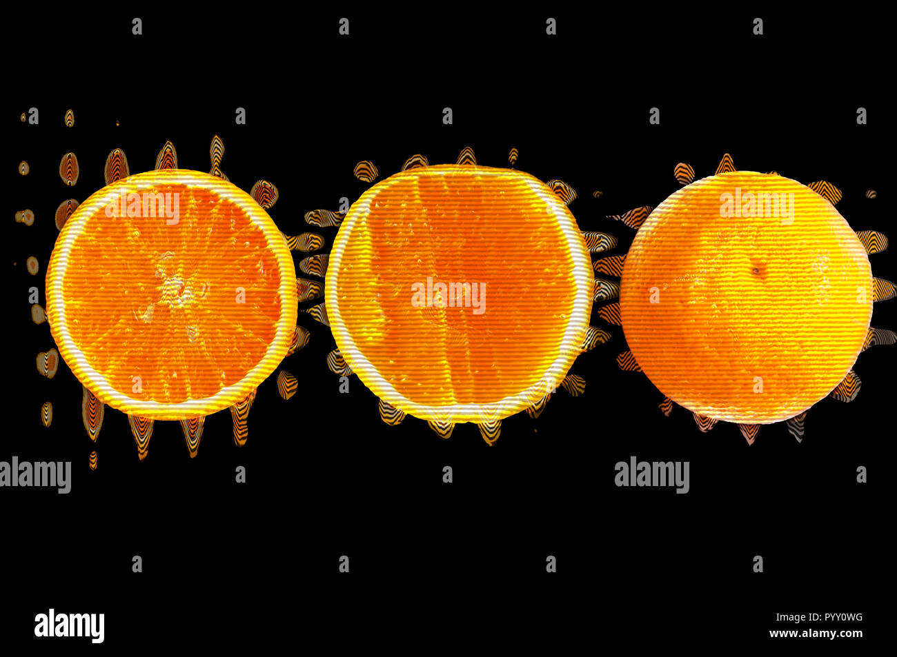 Tre differenti viste di colore arancione con glitch e gli effetti sfocati, sfondo nero Foto Stock