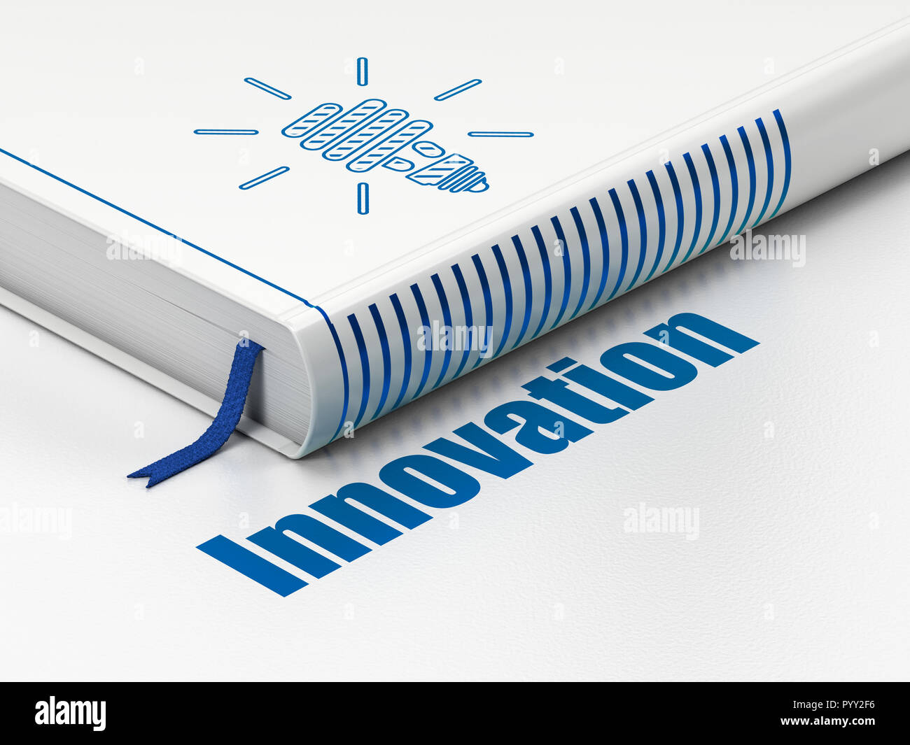 Concetto di finanza: prenota lampada risparmio energetico, innovazione su sfondo bianco Foto Stock