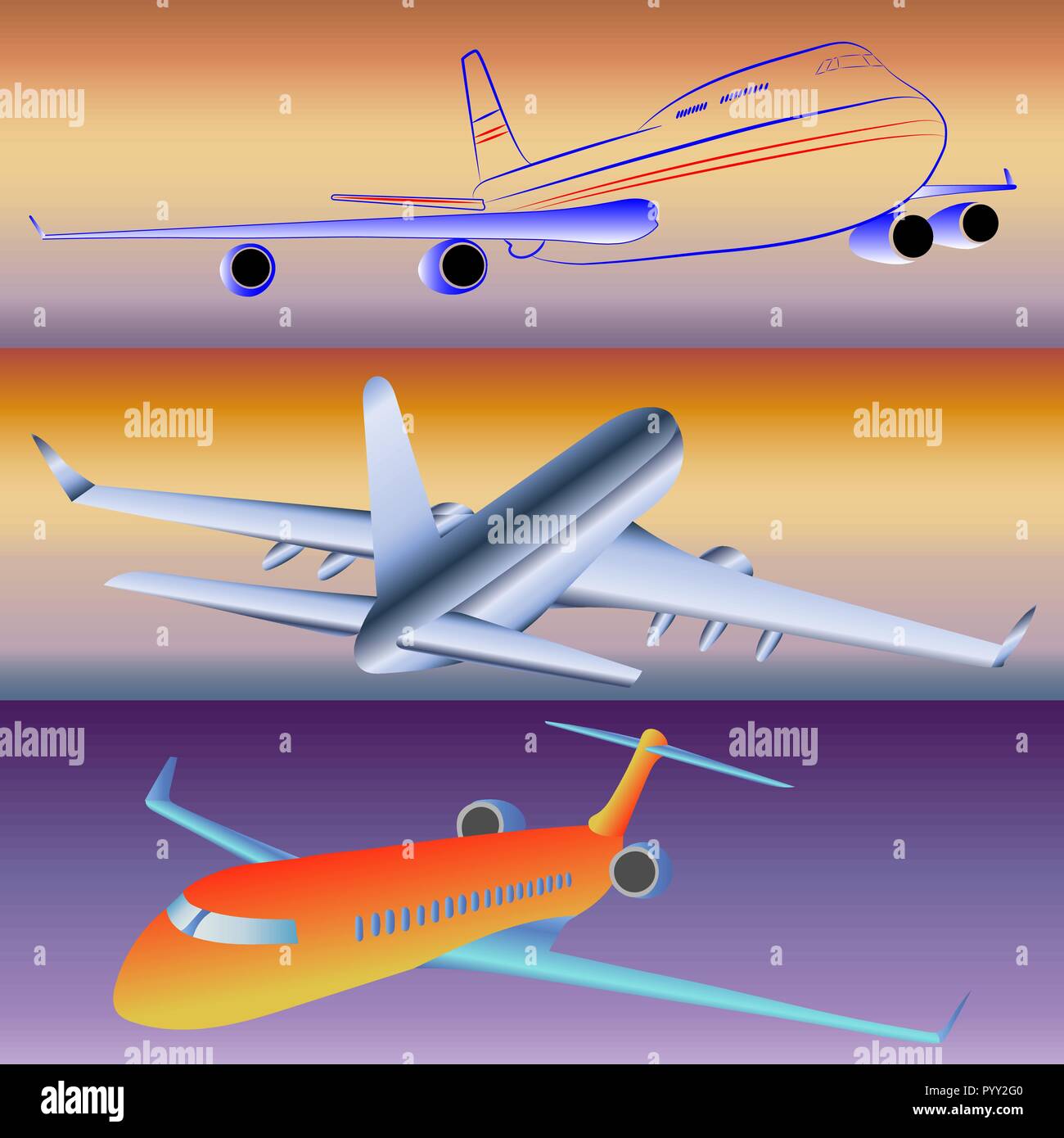 Modelli di aerei per il trasporto di passeggeri in immagini vettoriali. Illustrazione Vettoriale