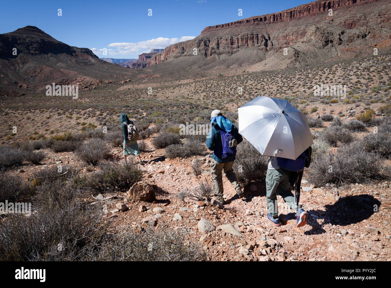 Gli escursionisti attraversano il deserto in Surprise Valley sul lato nord del Grand Canyon. Foto Stock