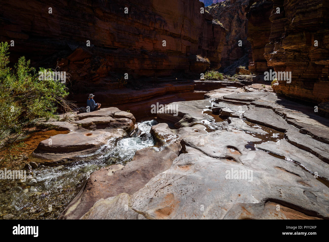 Escursionisti nel Deer Creek Canyon, un canyon laterale del Grand Canyon, il Grand Canyon National Park, Arizona, Stati Uniti. Foto Stock