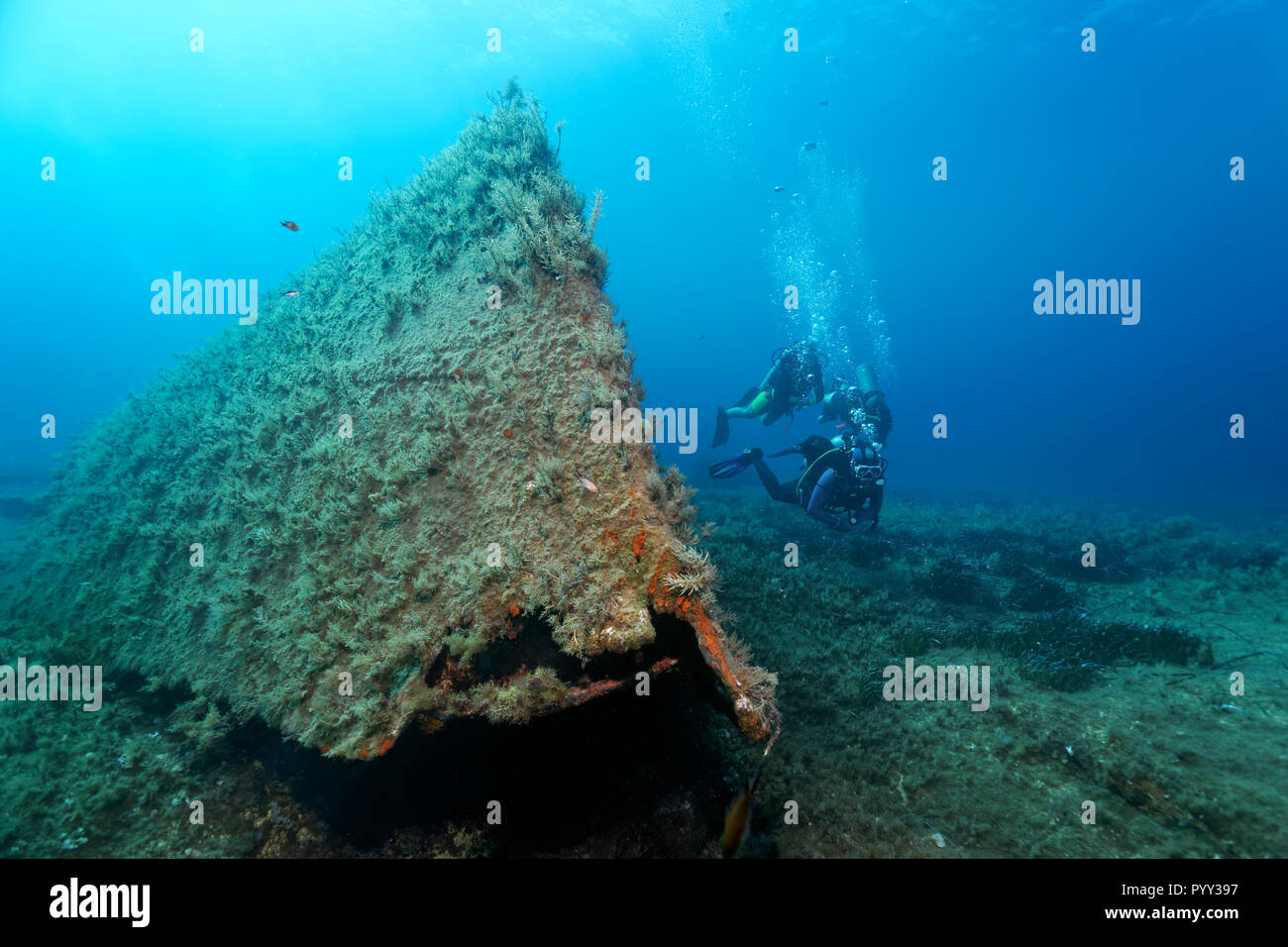 I subacquei immersioni al relitto Archilleas, Paphos, Mare Mediterraneo, Cipro del Sud, Cipro Foto Stock