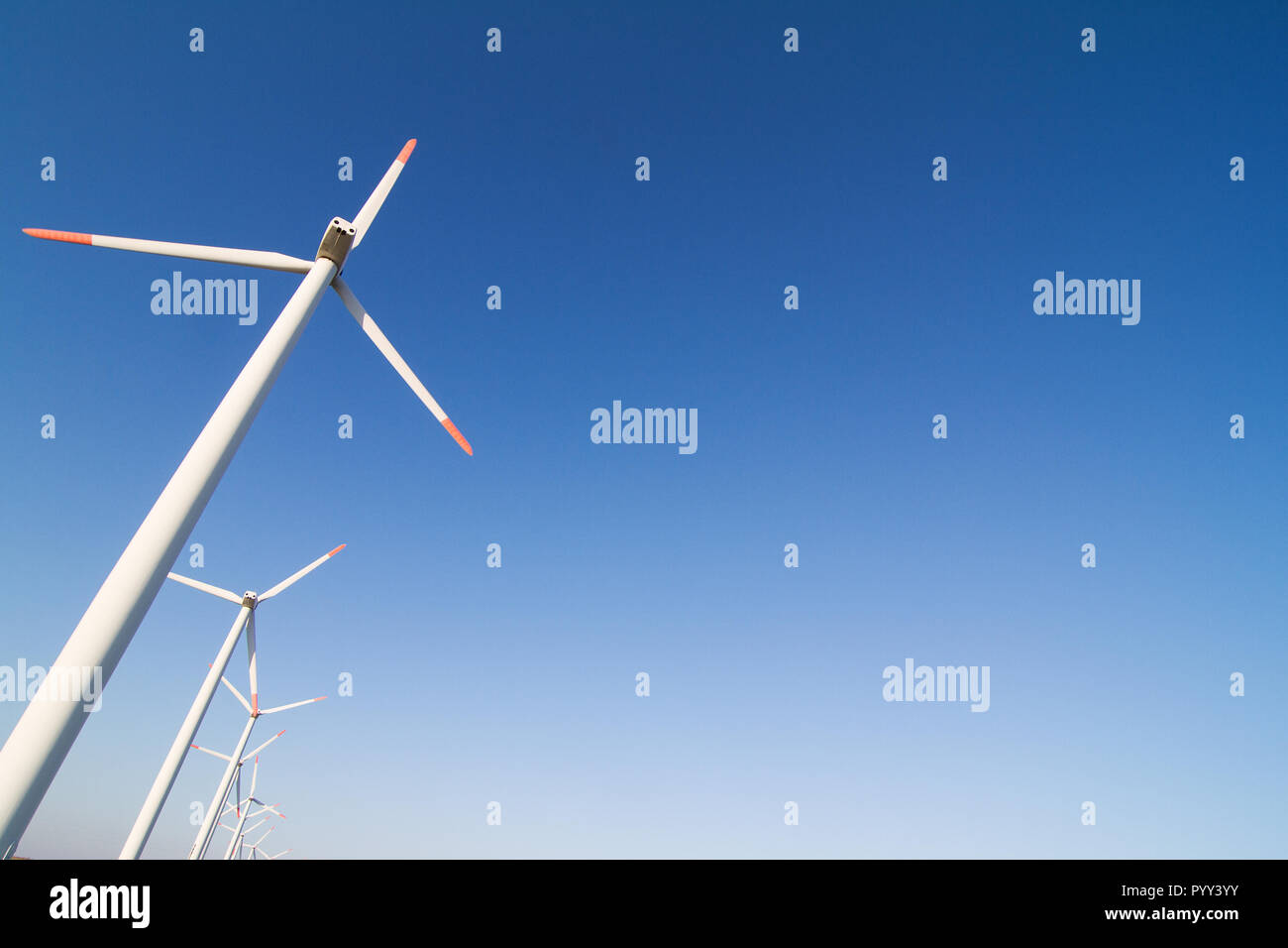 Angolo orizzontale di visione anteriore della fila white eolian turbine eoliche in una fattoria di energia contro un cielo blu chiaro con copyspace Foto Stock