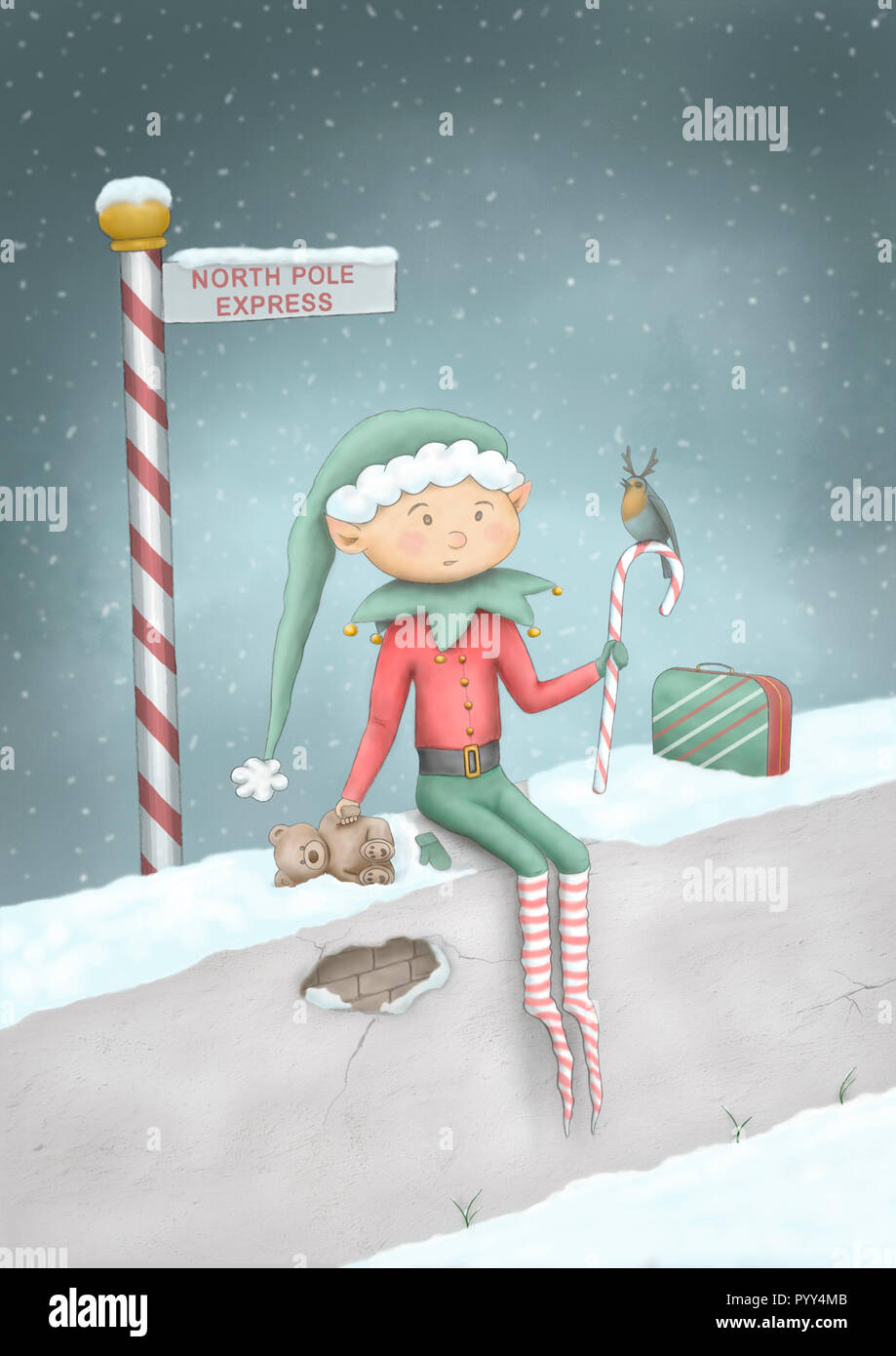 Carino a colori disegnati a mano illustrazione di Natale di elf seduti sulla parete nella neve al Polo Nord Express segno post, con Teddy bear, candy cane, robind Foto Stock