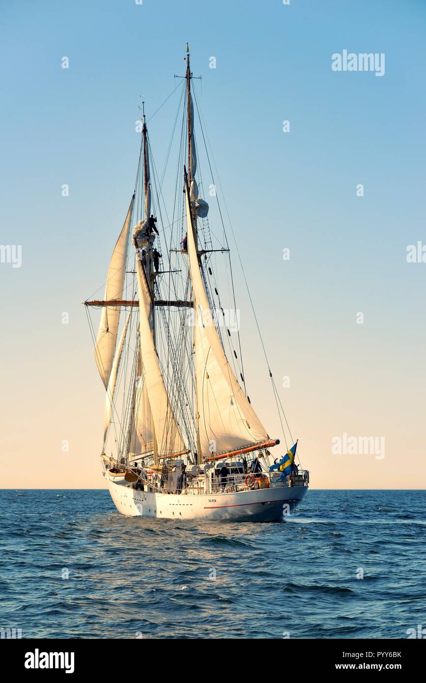 HSwMS Falken. Tall Ship goletta di formazione della marina militare svedese sotto la vela nel Mar Baltico. Equipaggio aloft vele di lavoro durante il corso di manovra di incollamento Foto Stock