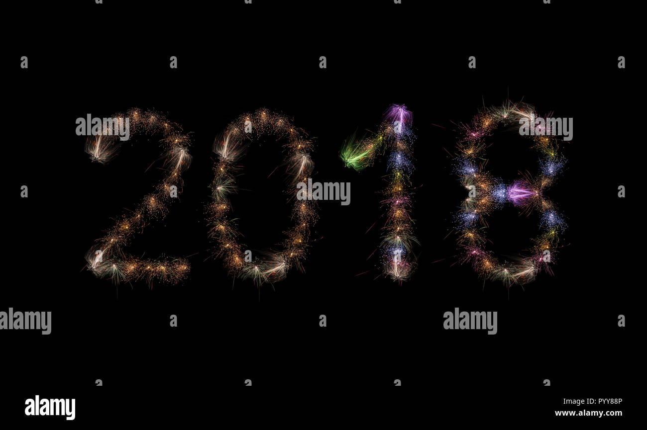 2018 scritto con Sparkle fuochi d'artificio su cielo nero / background HD ad alta risoluzione Foto Stock