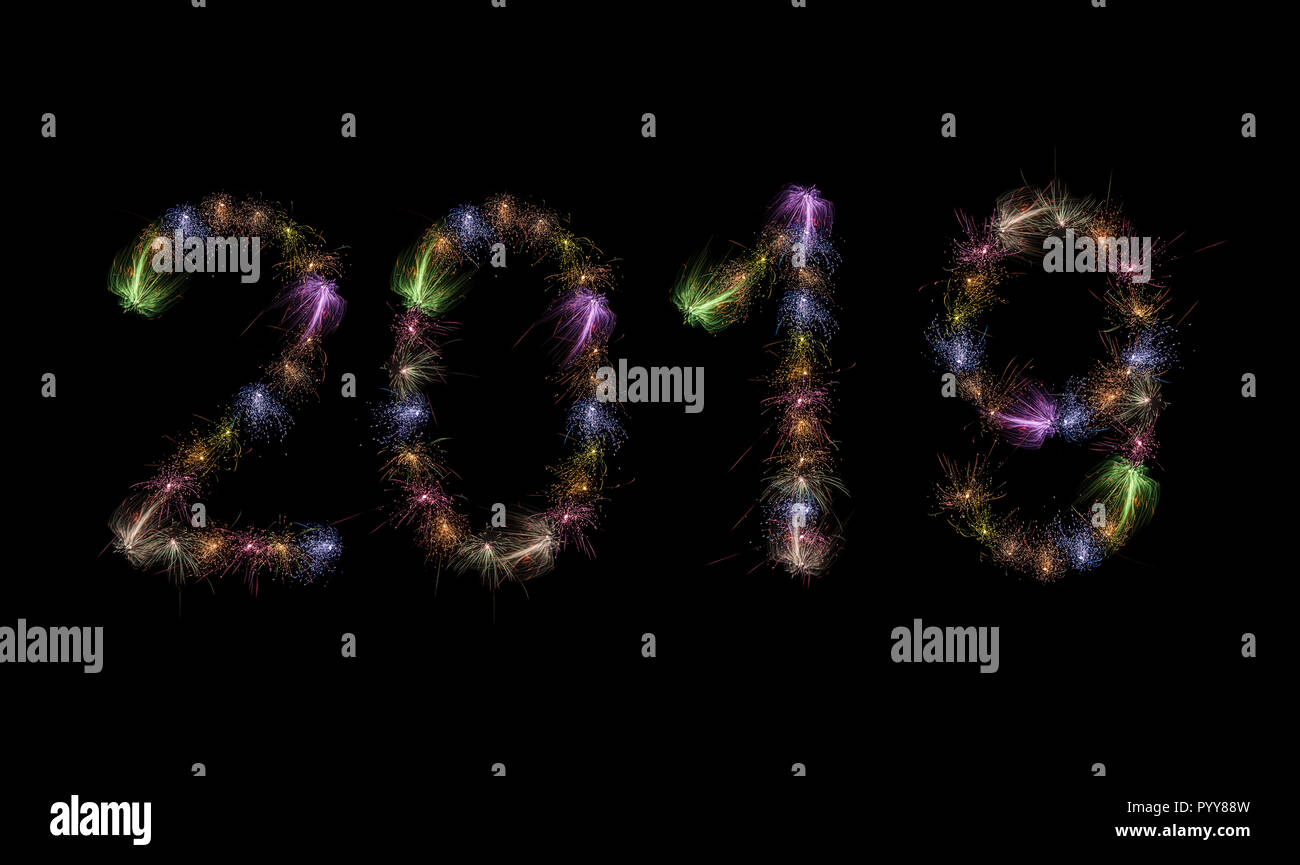 2019 scritto con Sparkle fuochi d'artificio su cielo nero / background HD ad alta risoluzione Foto Stock