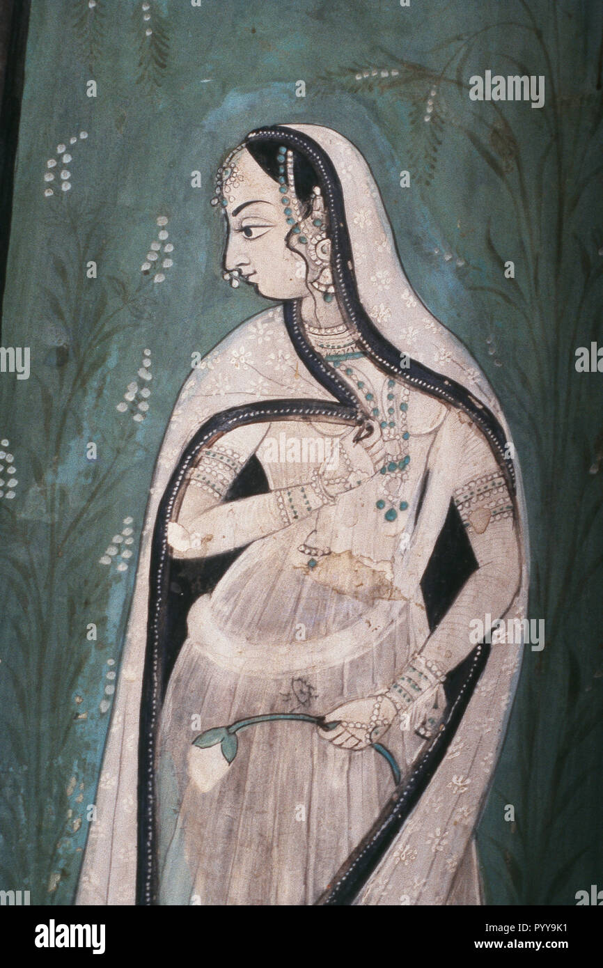 Regina con fiore di loto, pittura murale a Chitrashala, Bundi, Rajasthan, India, Asia Foto Stock