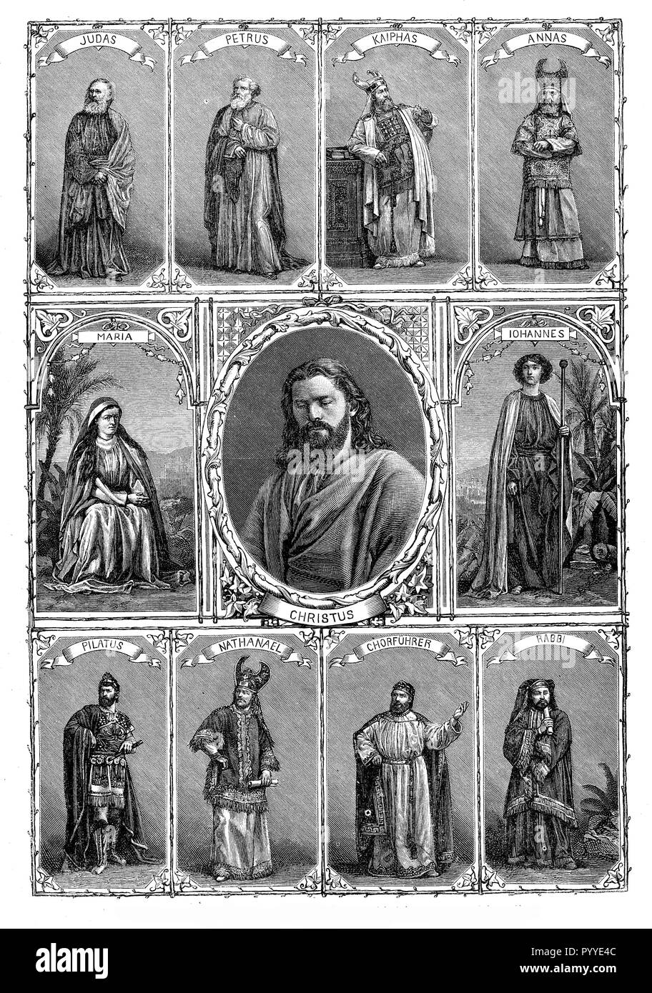 Vintage poster con i personaggi rappresentativi della passione del Cristo giocare Foto Stock