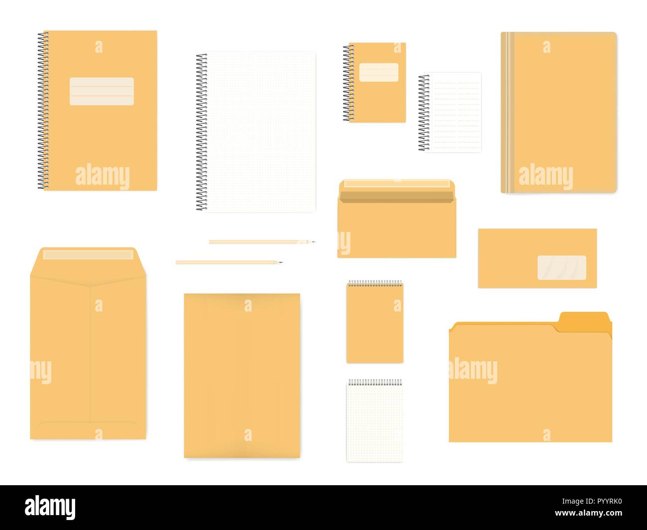 Vuoto articoli di cancelleria isolati su sfondo bianco, mock up set. A4, A6, DL dimensioni. Identità aziendale modello di prodotti Illustrazione Vettoriale
