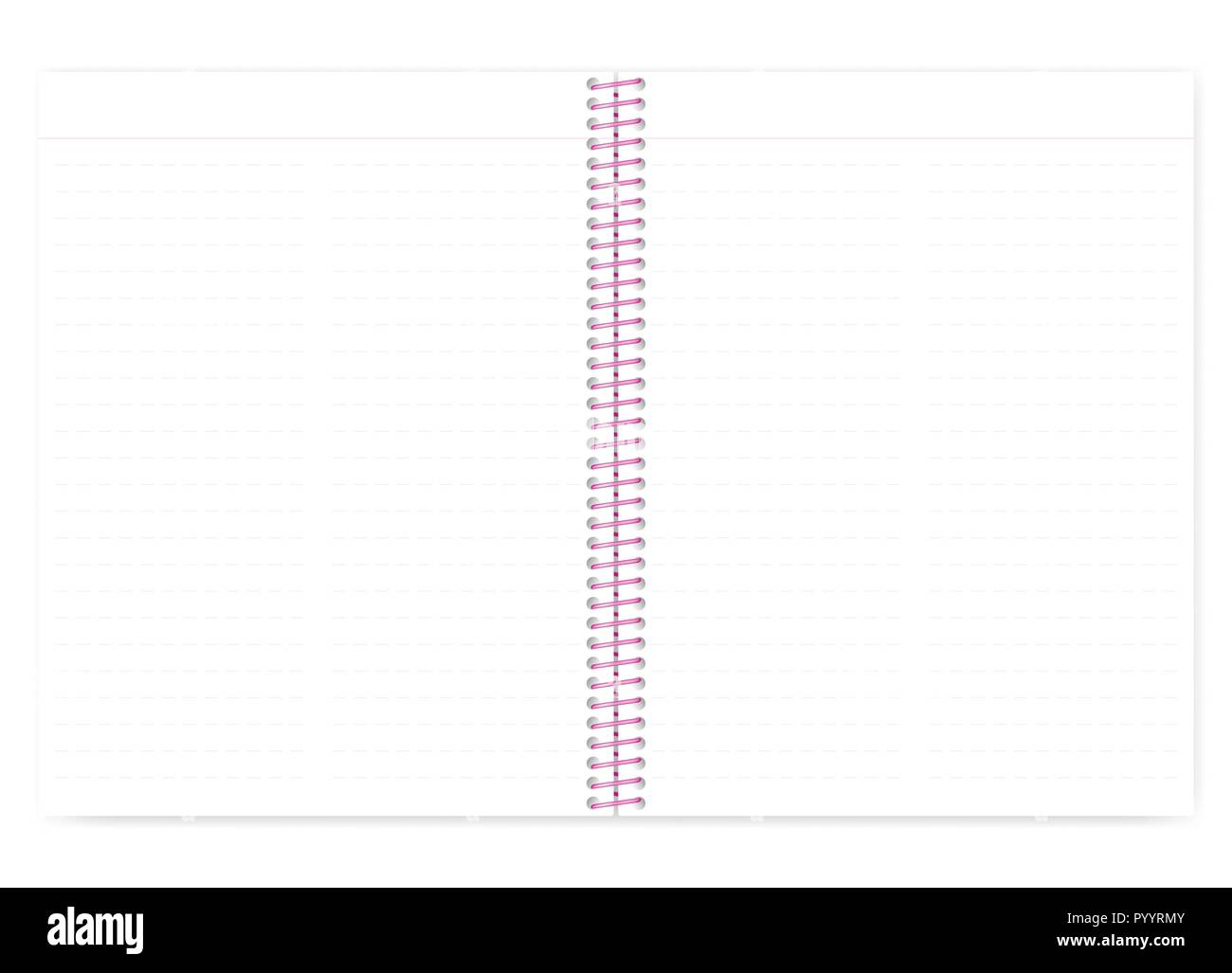Aprire il filo rivestito legato notebook con spirale rosa, vettore mock up. Allentate il blocco note di foglia di diffusione isolata su sfondo bianco, modello Illustrazione Vettoriale