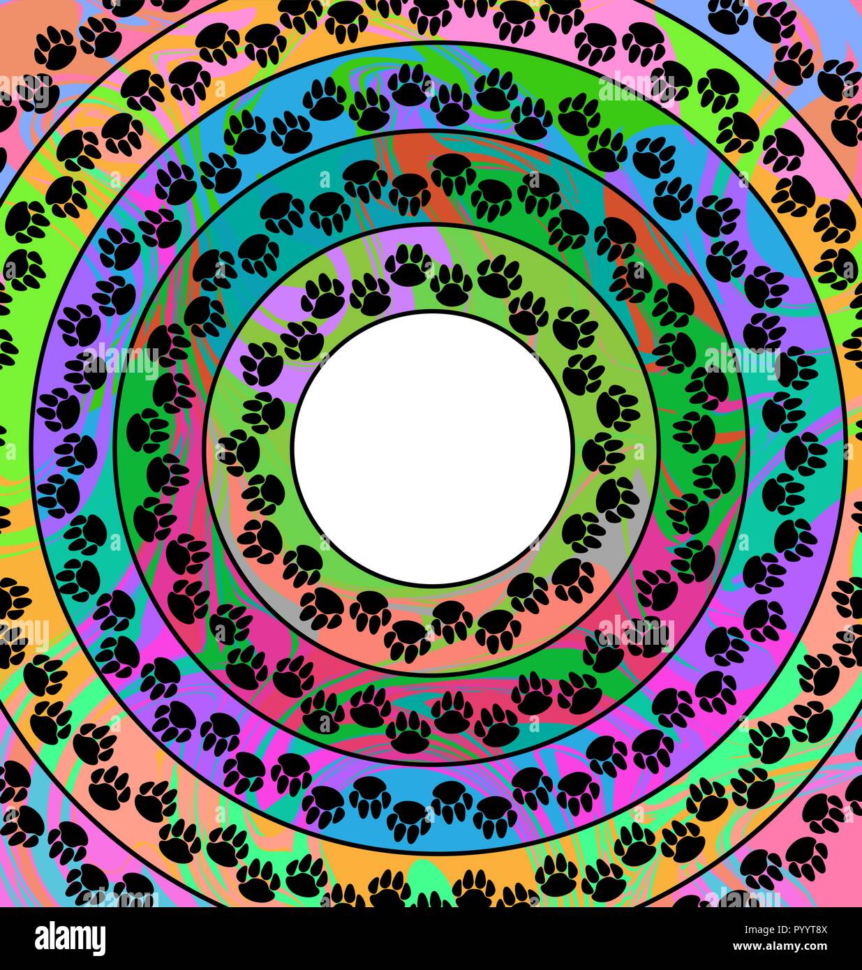 Immagine a colori di cerchi costituito da linee, ornamento e stampa di animali domestici il piede Illustrazione Vettoriale