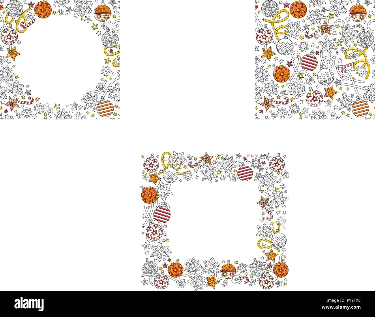 Anno nuovo disegnato a mano telaio quadrato in zentangle stile ispirato isolati su sfondo bianco. Doodle fiocchi di neve, abete sfere, nastro bordo decorativo. Illustrazione Vettoriale