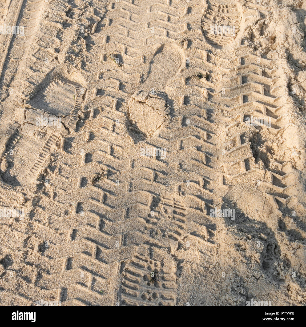 Miscela di impronte e tracce di pneumatici sulla spiaggia sabbiosa. Fondo Tracker, sentiero di prove, non lasciano traccia metafora. Foto Stock