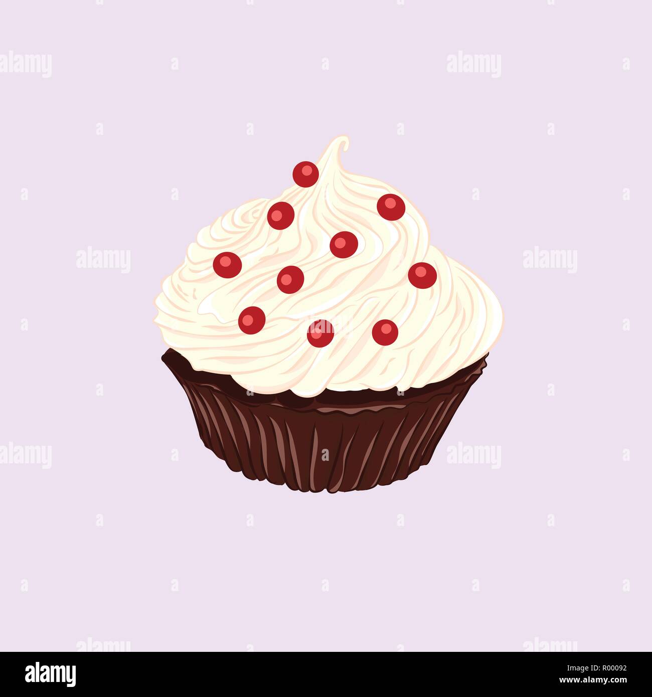 Stile Cartoon cupcake al cioccolato con vaniglia e panna montata e a bacca rossa icona vettore isolato su sfondo bianco Illustrazione Vettoriale