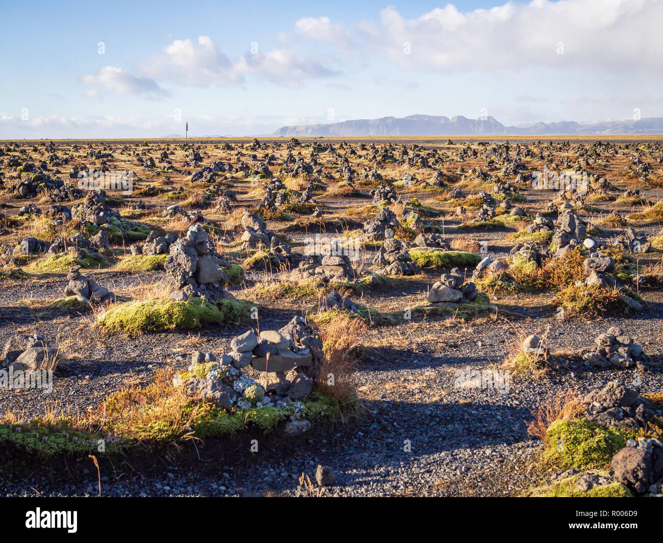 Laufskalavarda -- una cresta di lava, circondato da stone cairns nel sud dell'Islanda Foto Stock