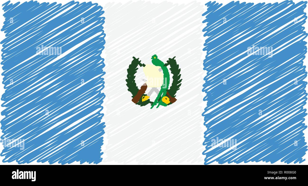 Disegnato a mano bandiera nazionale del Guatemala isolato su uno sfondo bianco. Disegno vettoriale illustrazione dello stile. Illustrazione Vettoriale