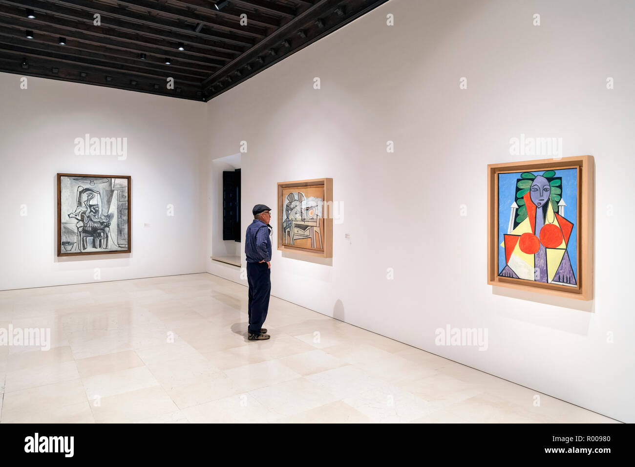 Malaga e il Museo Picasso. Il visitatore in una galleria al Museo Picasso, Malaga, Costa del Sol, Andalusia, Spagna Foto Stock