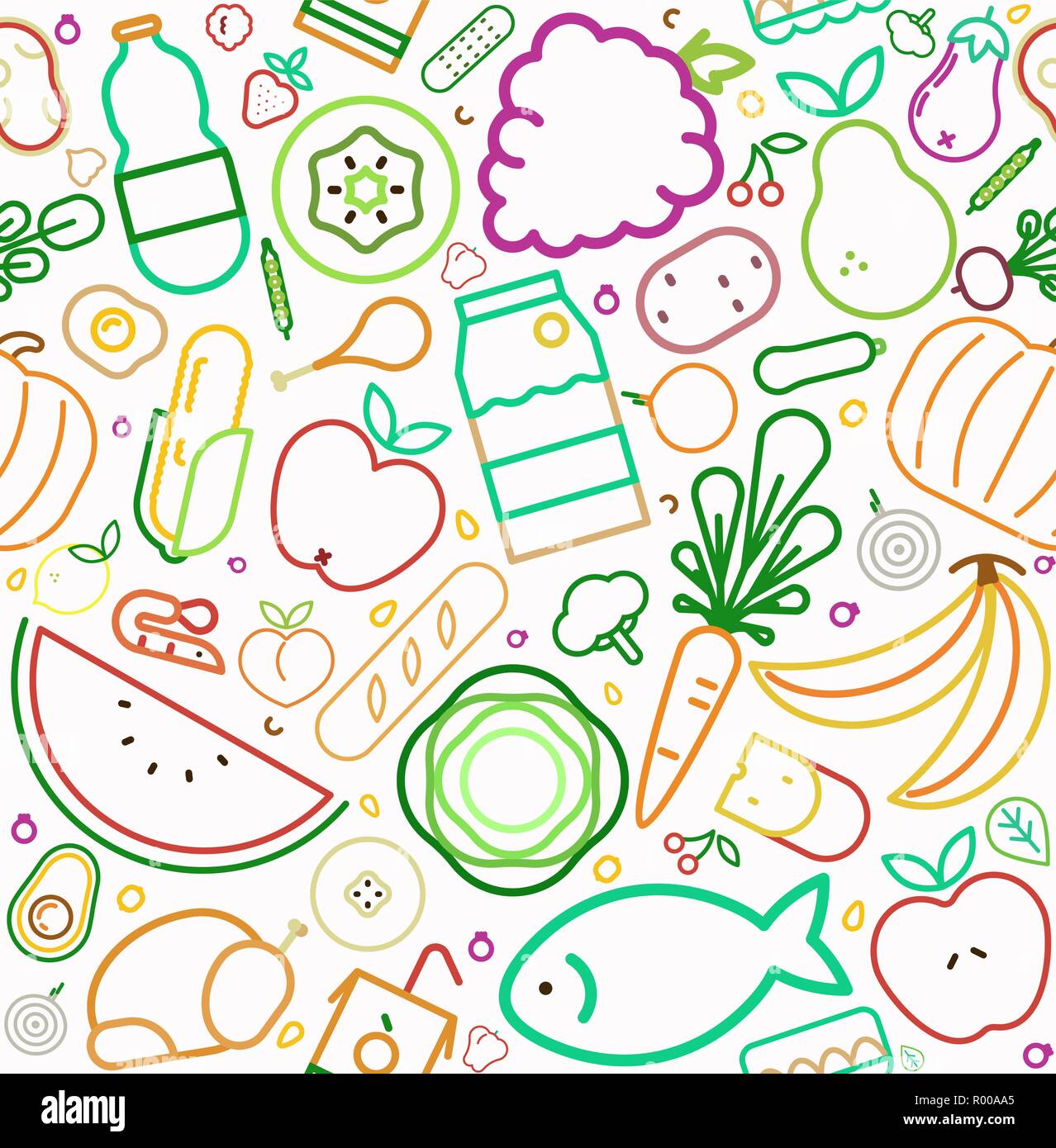 Icona alimentare seamless pattern con il colorato stile linea simboli. Mangiare sano o una nutrizione equilibrata concetto dello sfondo. Include frutta, verdura, carne Illustrazione Vettoriale