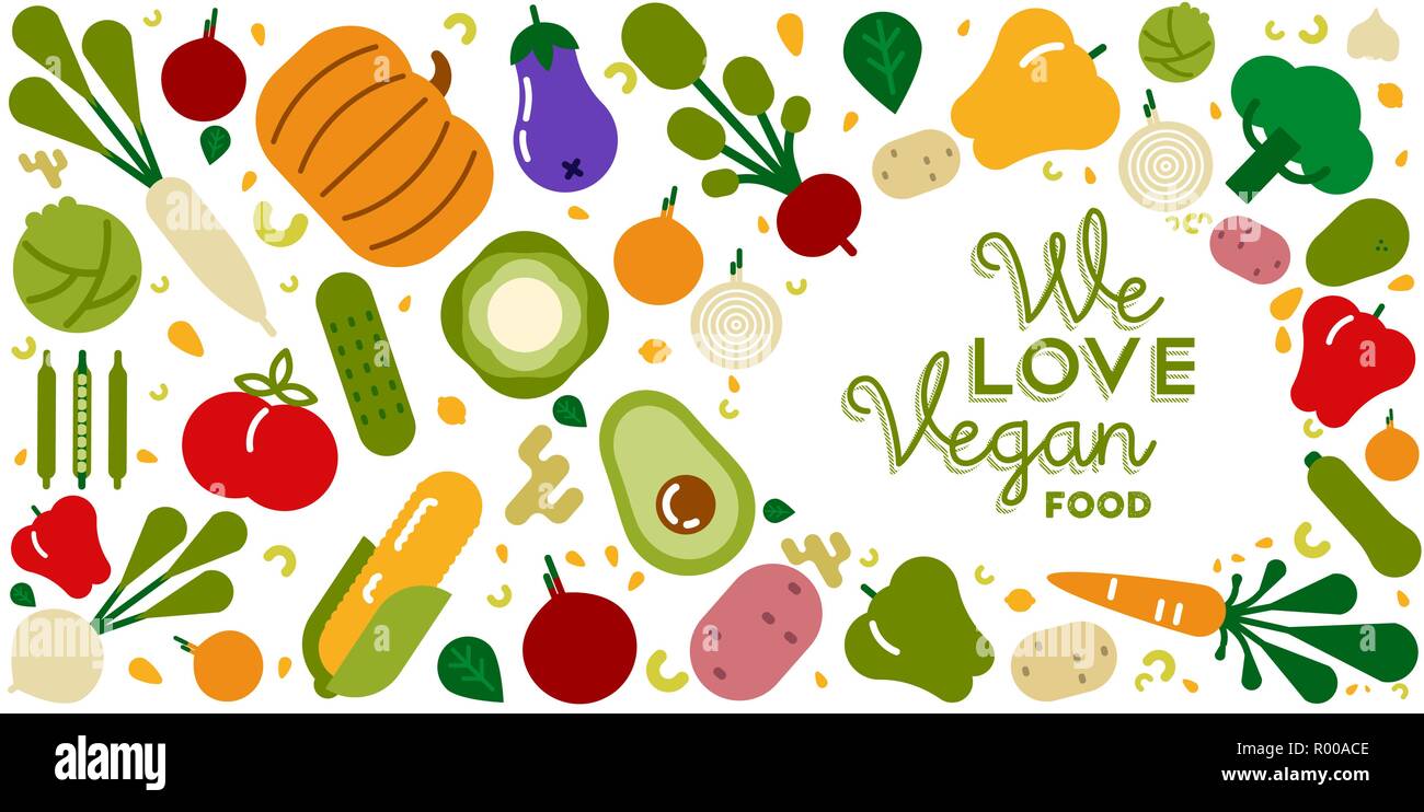 Cibo Vegan greeting card illustrazione per organico e una sana dieta con piatti colorati cartoon icone di vegetali. Illustrazione Vettoriale