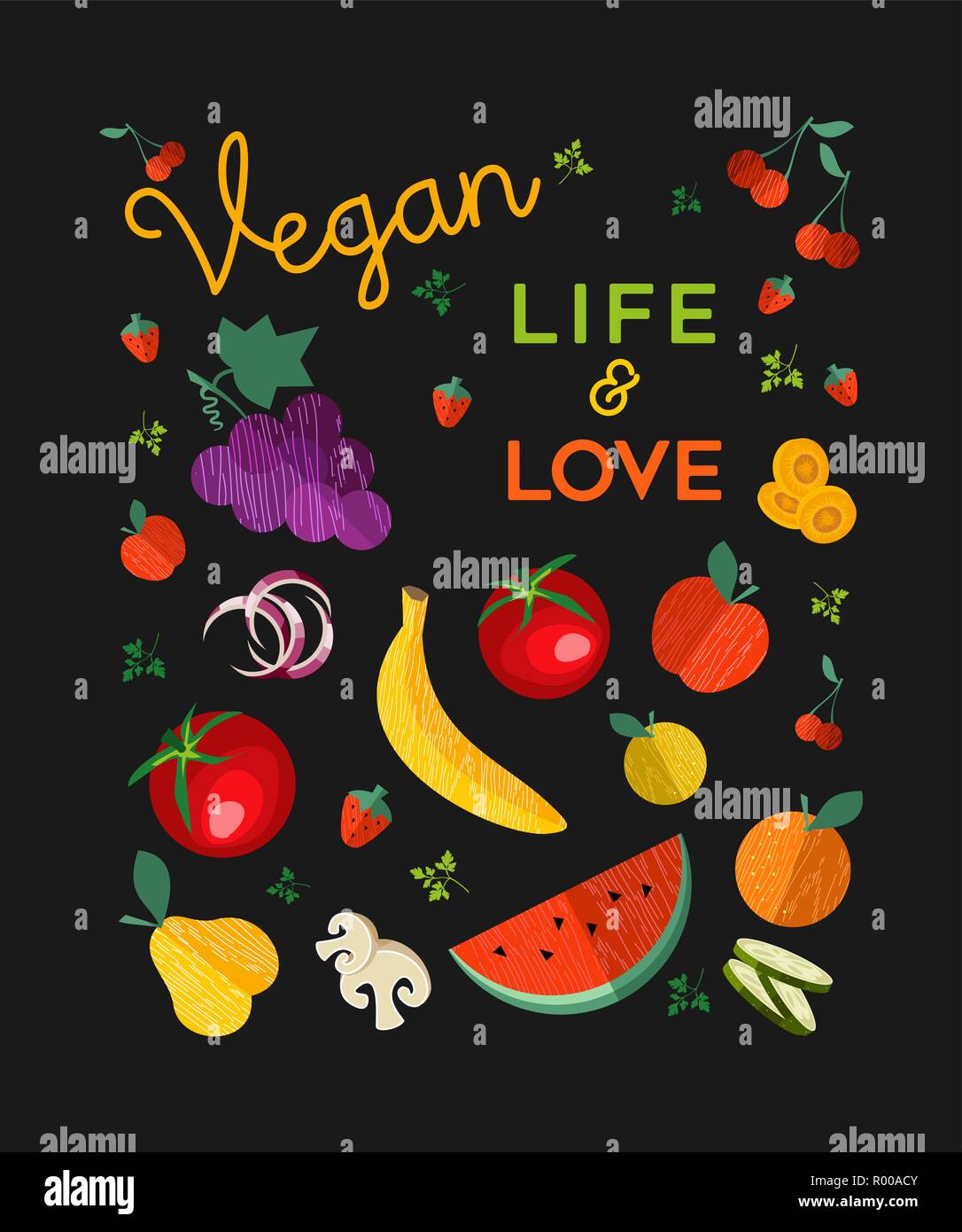 Cibo Vegan greeting card illustrazione per organico e una dieta salutare con colorate piatte icone cartoon. Include ortaggi e frutta. Illustrazione Vettoriale