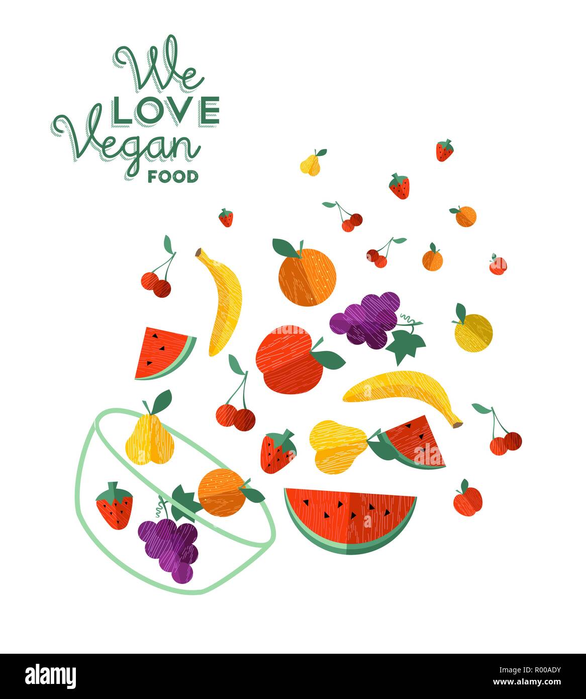 Cibo Vegan greeting card illustrazione per organico e una dieta salutare con colorati piatto di frutta cartoon icone. Illustrazione Vettoriale
