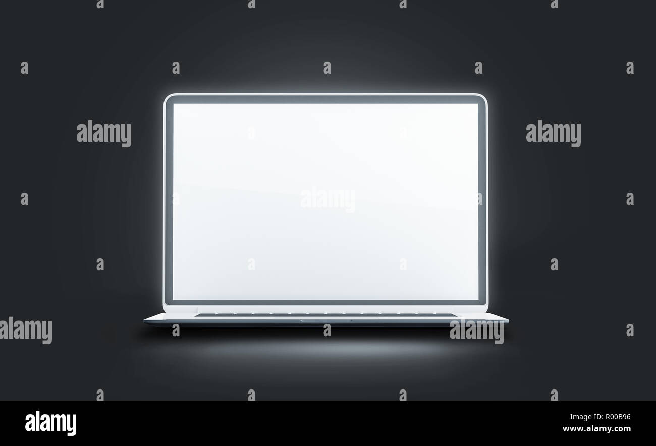 Vuoto bianco e luminoso schermo portatile mockup, isolato nelle tenebre, rendering 3d. Svuotare incandescente computer display mock up. Cancellare modern open lap top. Lcd digitale modello di monitor. Foto Stock