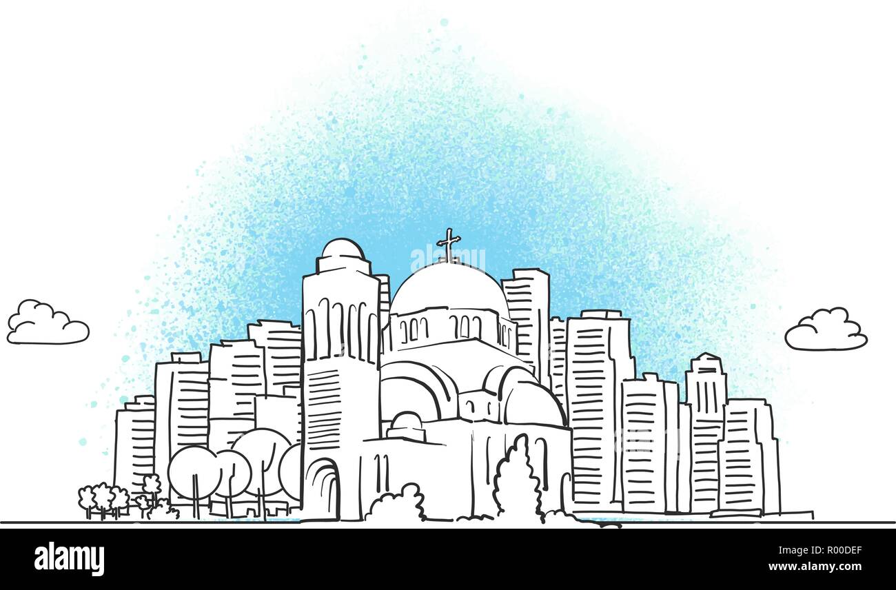 Skyline della città con la chiesa ortodossa. Disegnata a mano illustrazione vettoriale. Illustrazione Vettoriale