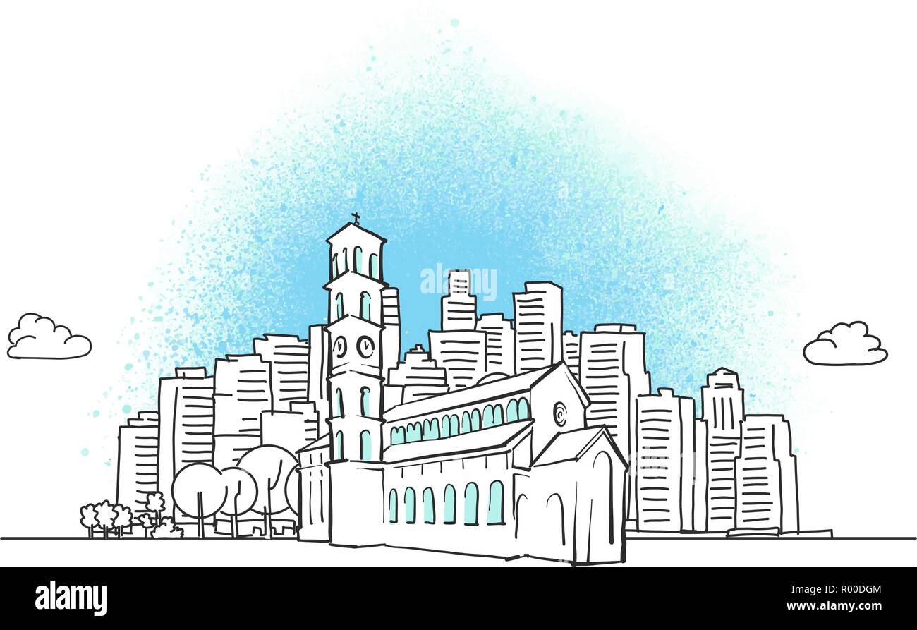 Skyline della città con la chiesa cristiana. Disegnata a mano illustrazione vettoriale. Illustrazione Vettoriale