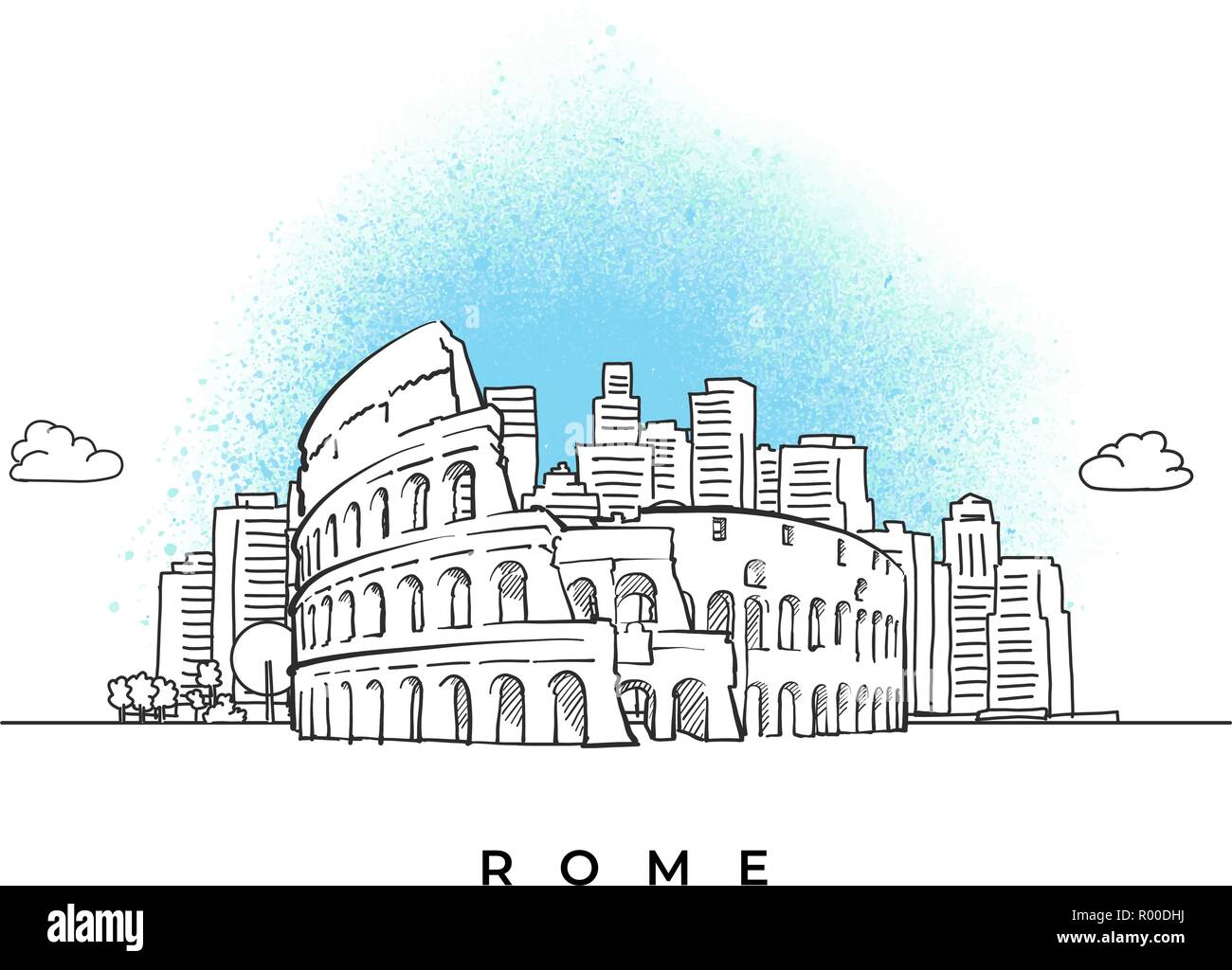Skyline della città con il Colosseo a Roma. Disegnata a mano illustrazione vettoriale. Illustrazione Vettoriale