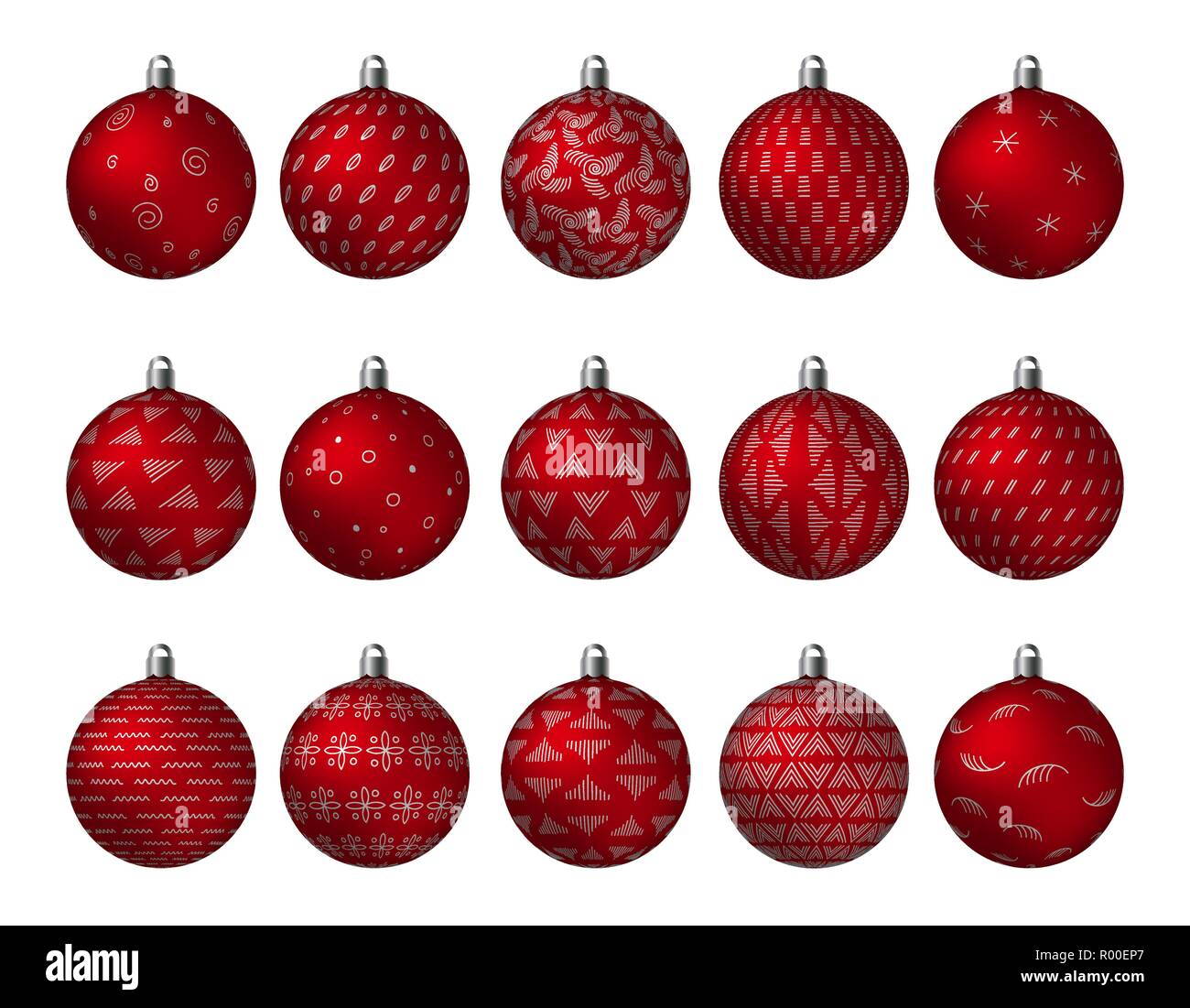 Vacanze di Natale rosso sfere decorate con oro metallizzato patterns isolati su sfondo bianco. Impostare con semplici ornamenti astratti illustrati del vettore Illustrazione Vettoriale