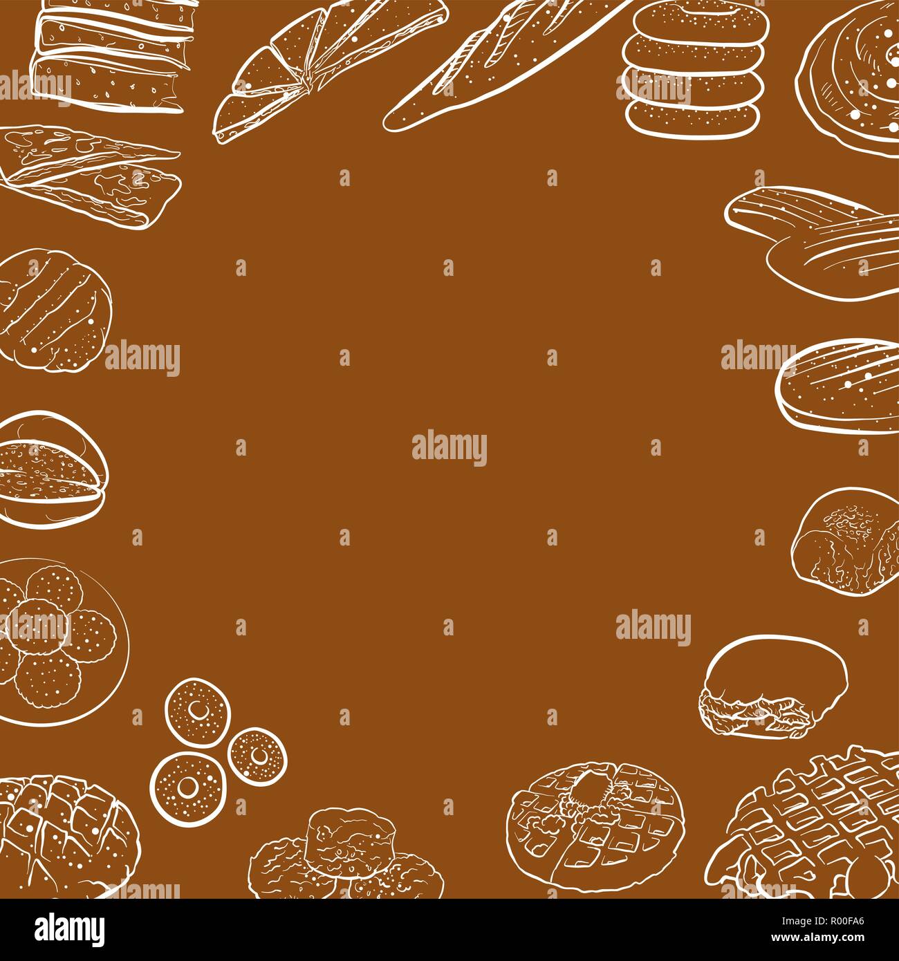 Disegnata a mano il pane icone, sfondo menu. Vettore illustrazione di cibo. Illustrazione Vettoriale